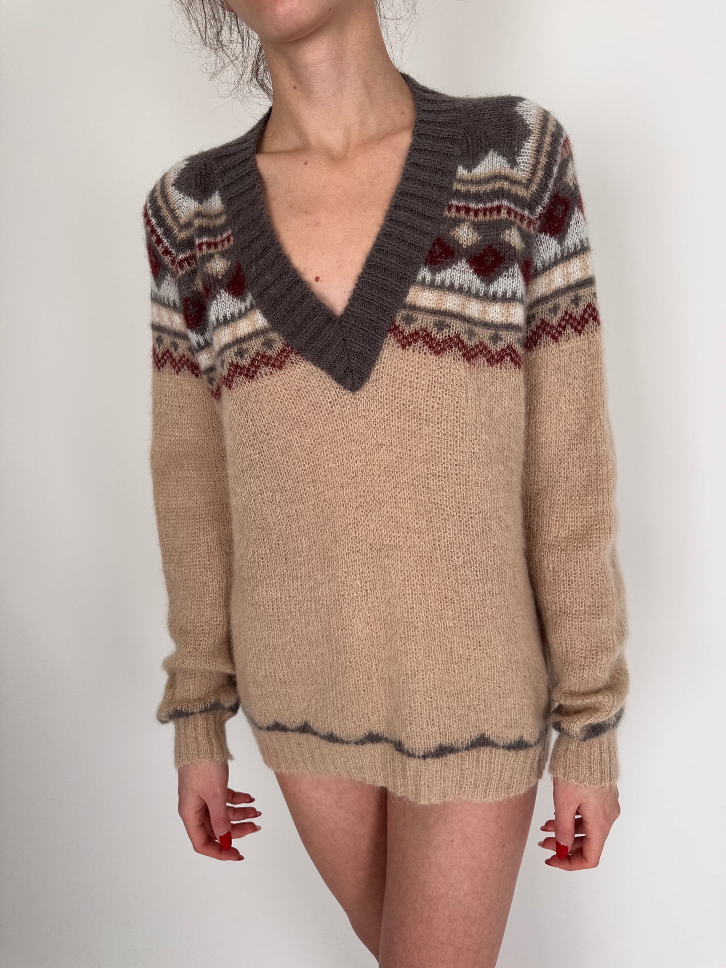 Pulover camel cu print burgundy și warm gray tall din baby mohair