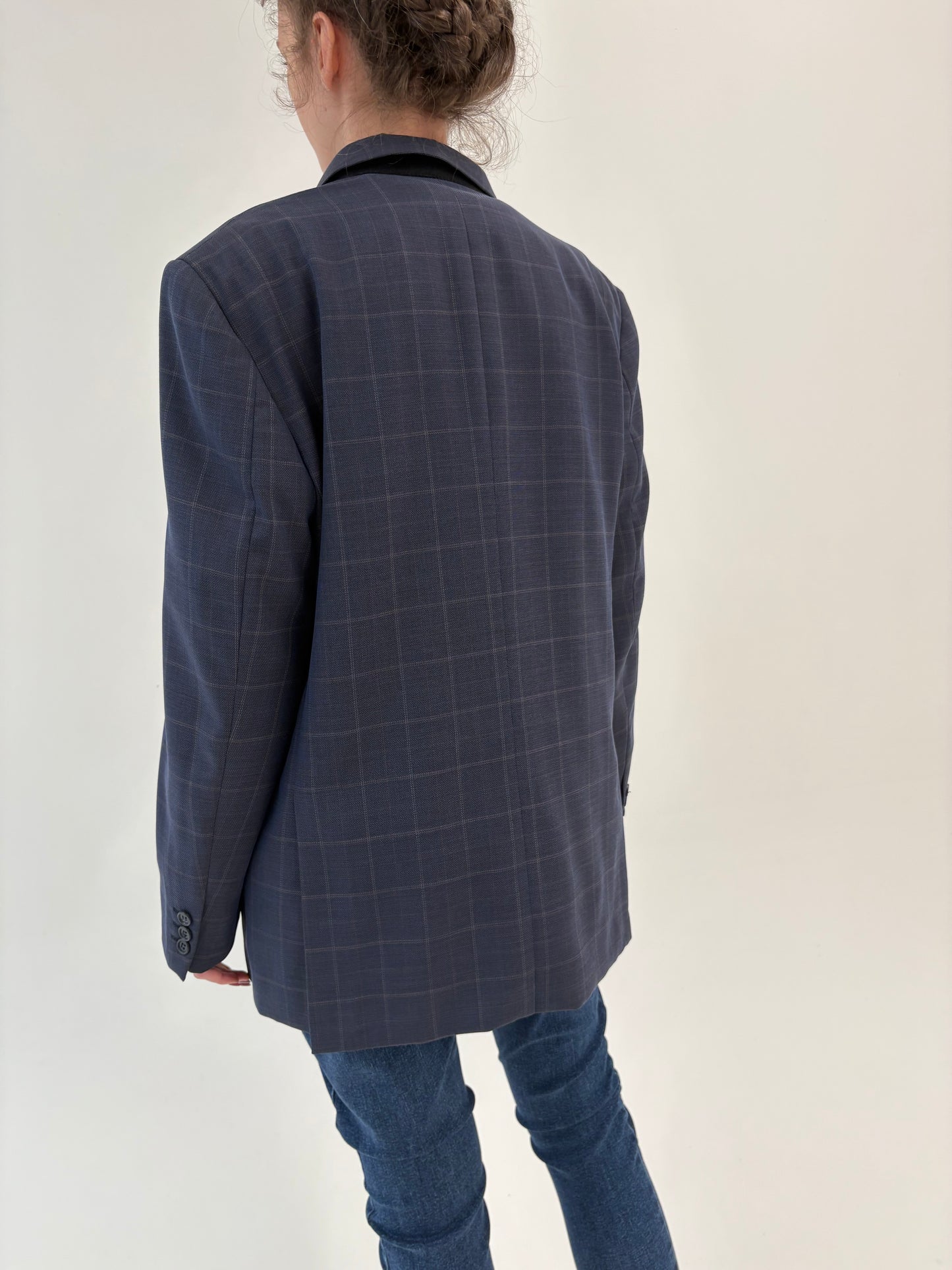 Sacou italian din lana extrafina jeans blue în carouri fine