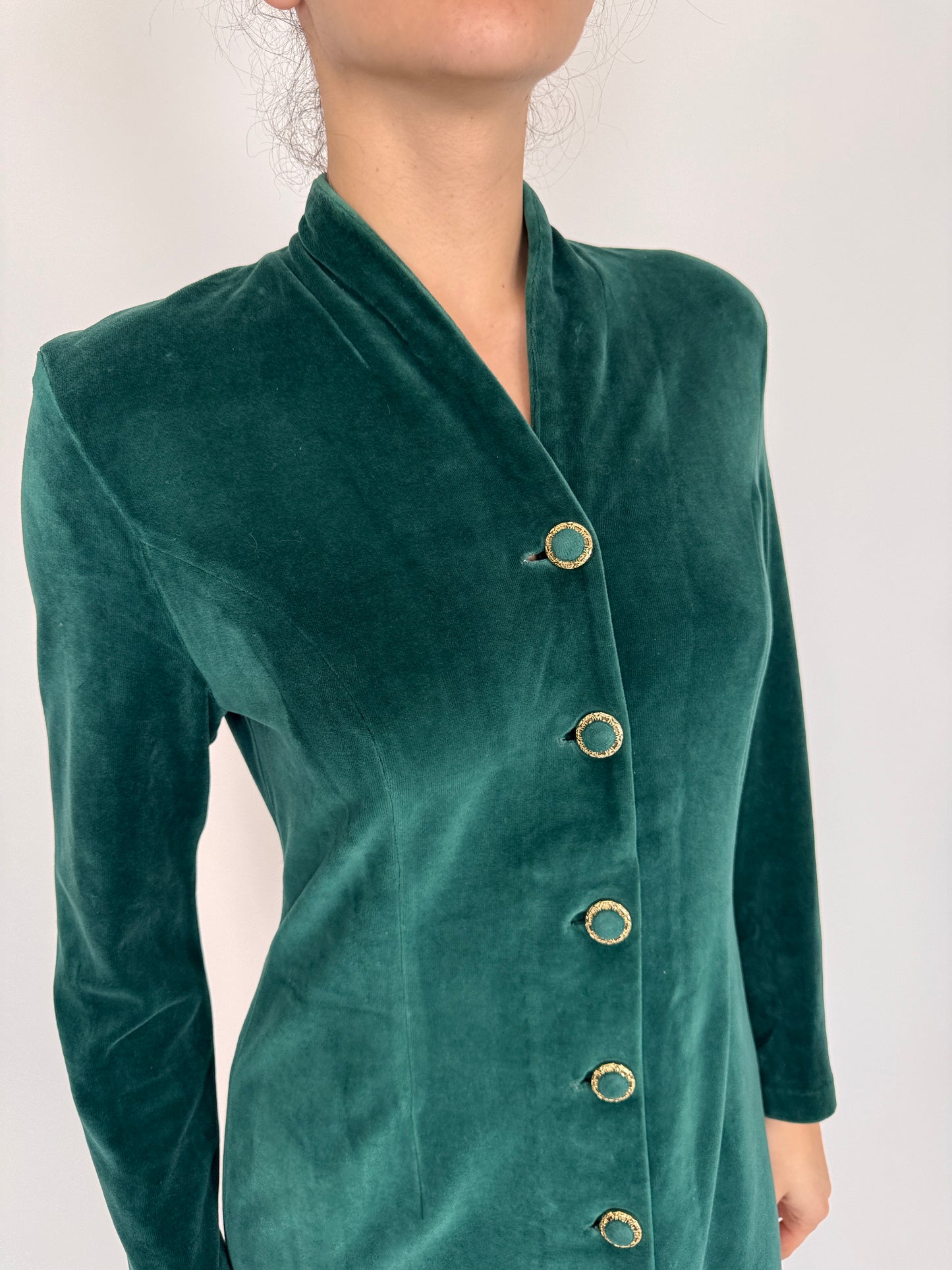 Rochie vintage din catifea strech de bumbac verde smarald