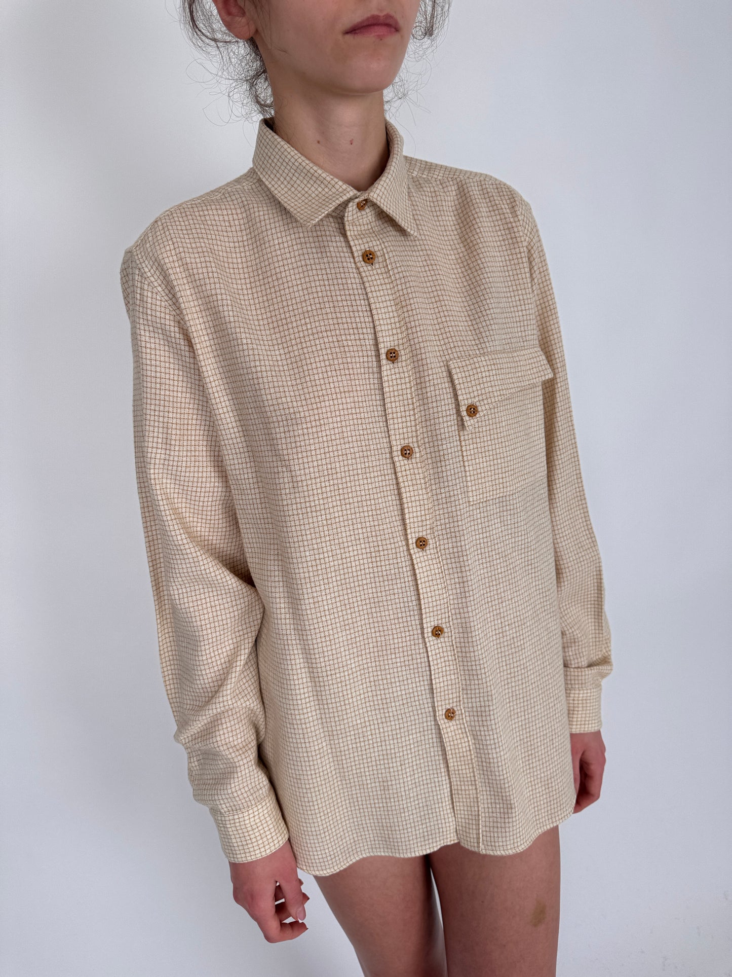 Cămașa vintage ivoire de brand luxury din mix de lana în carouri camel