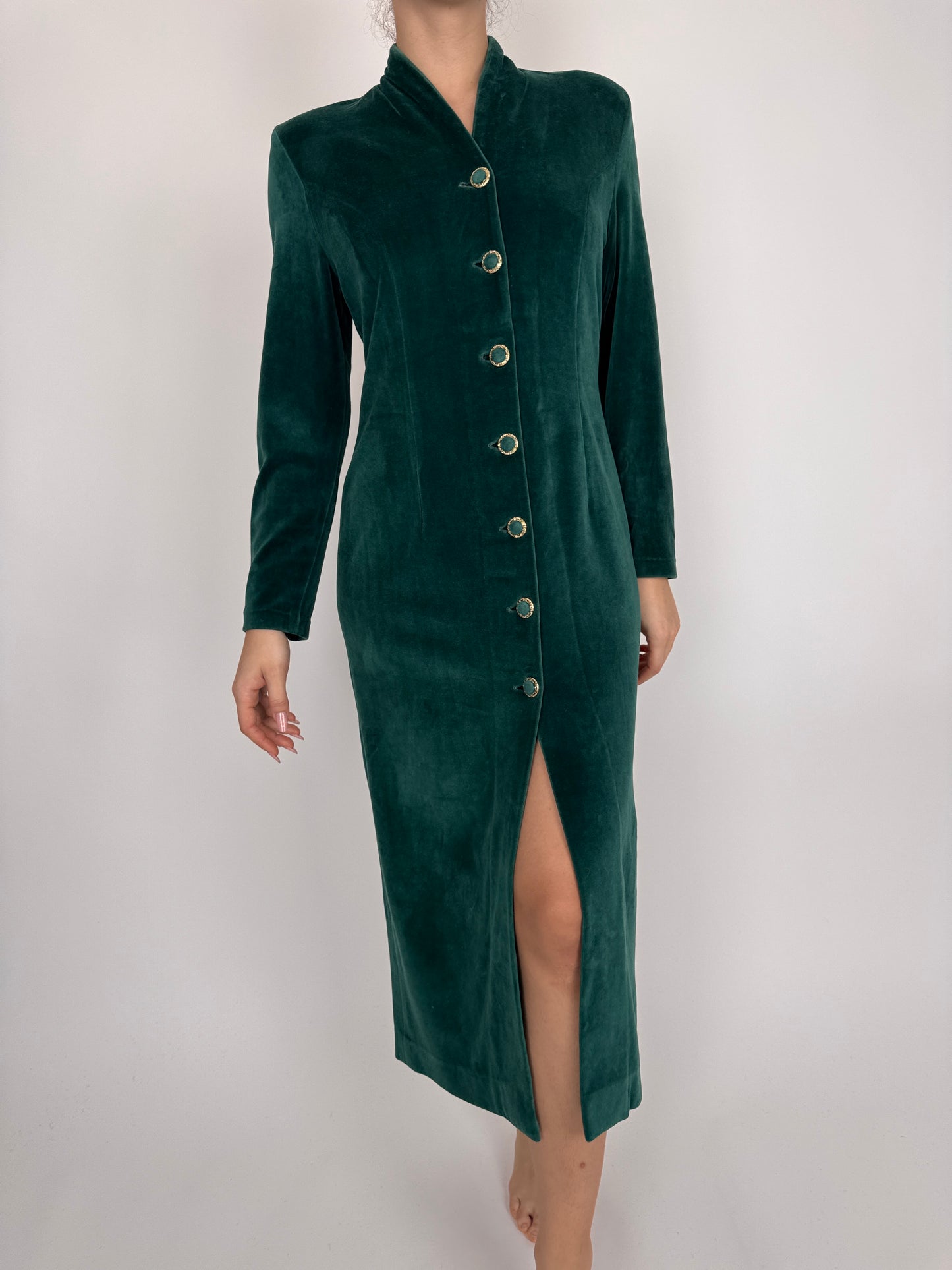 Rochie vintage din catifea strech de bumbac verde smarald