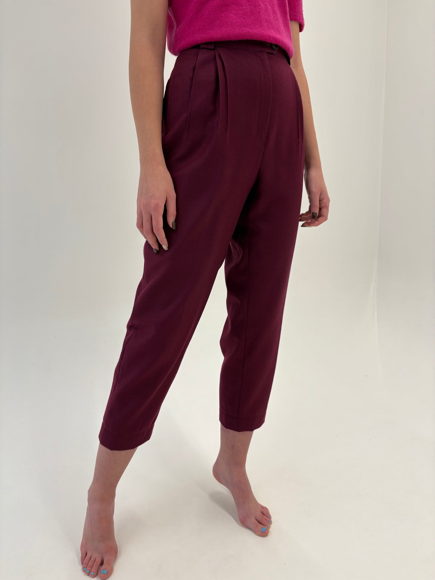 Pantaloni burgundy țigaretă din lana pura extrafina certificată