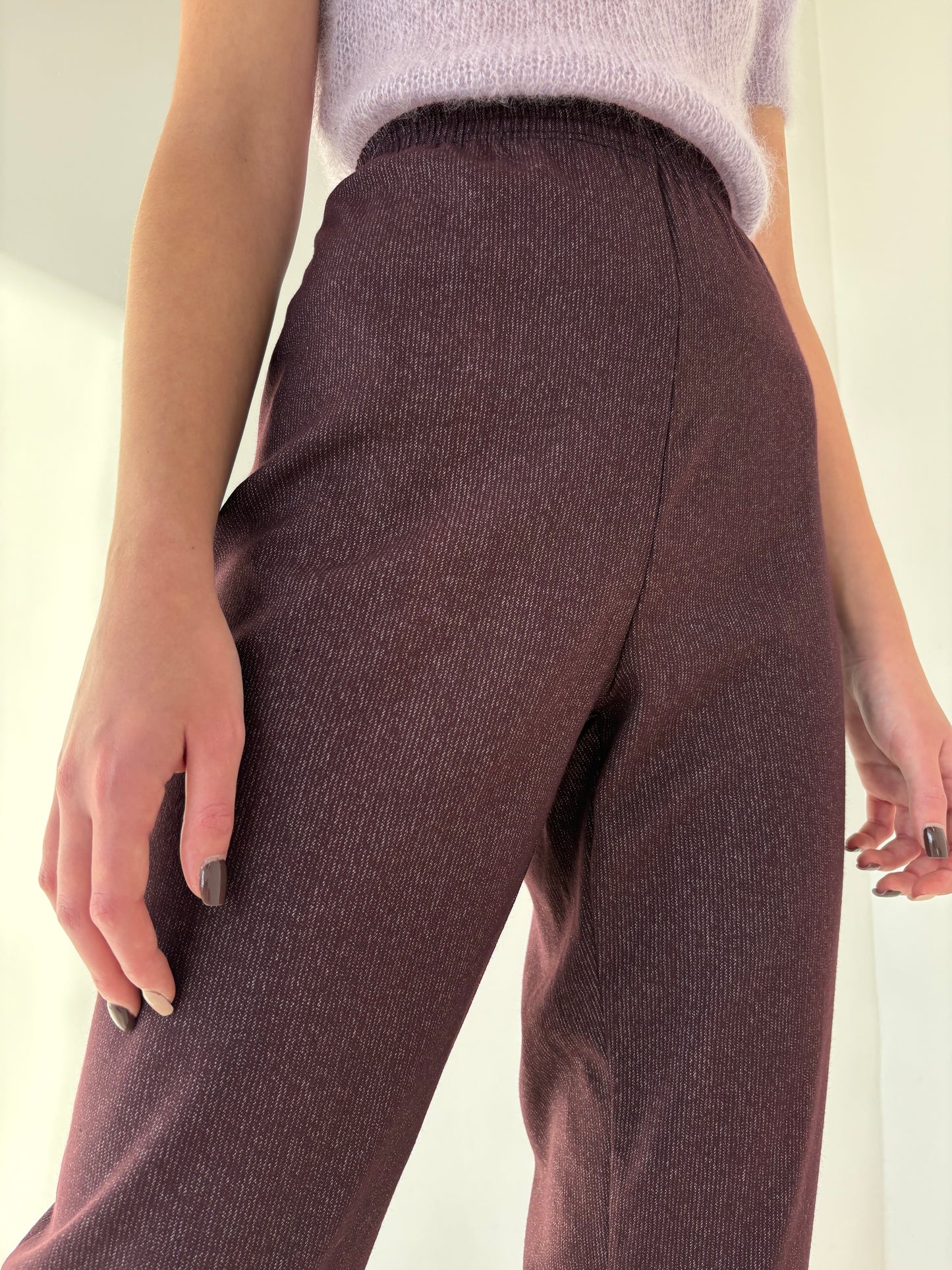 Pantaloni aubergine cu talie ultra înaltă elastică din lana plină extrafina