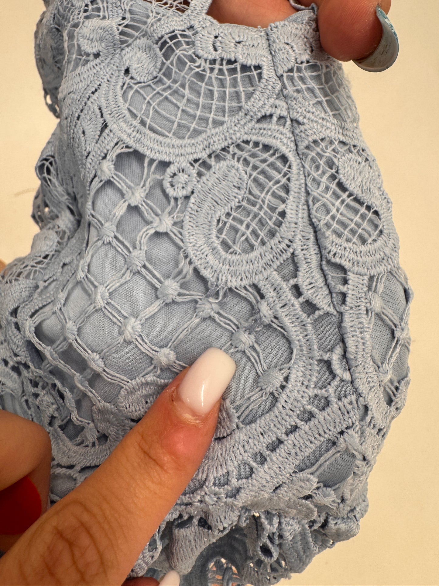 Rochie baby Blue din dantelă macrame cu talie ultra înaltă marcată