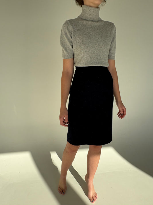 Fusta din lana plină extrafina Navy cu inserții camel și talie ultra înaltă