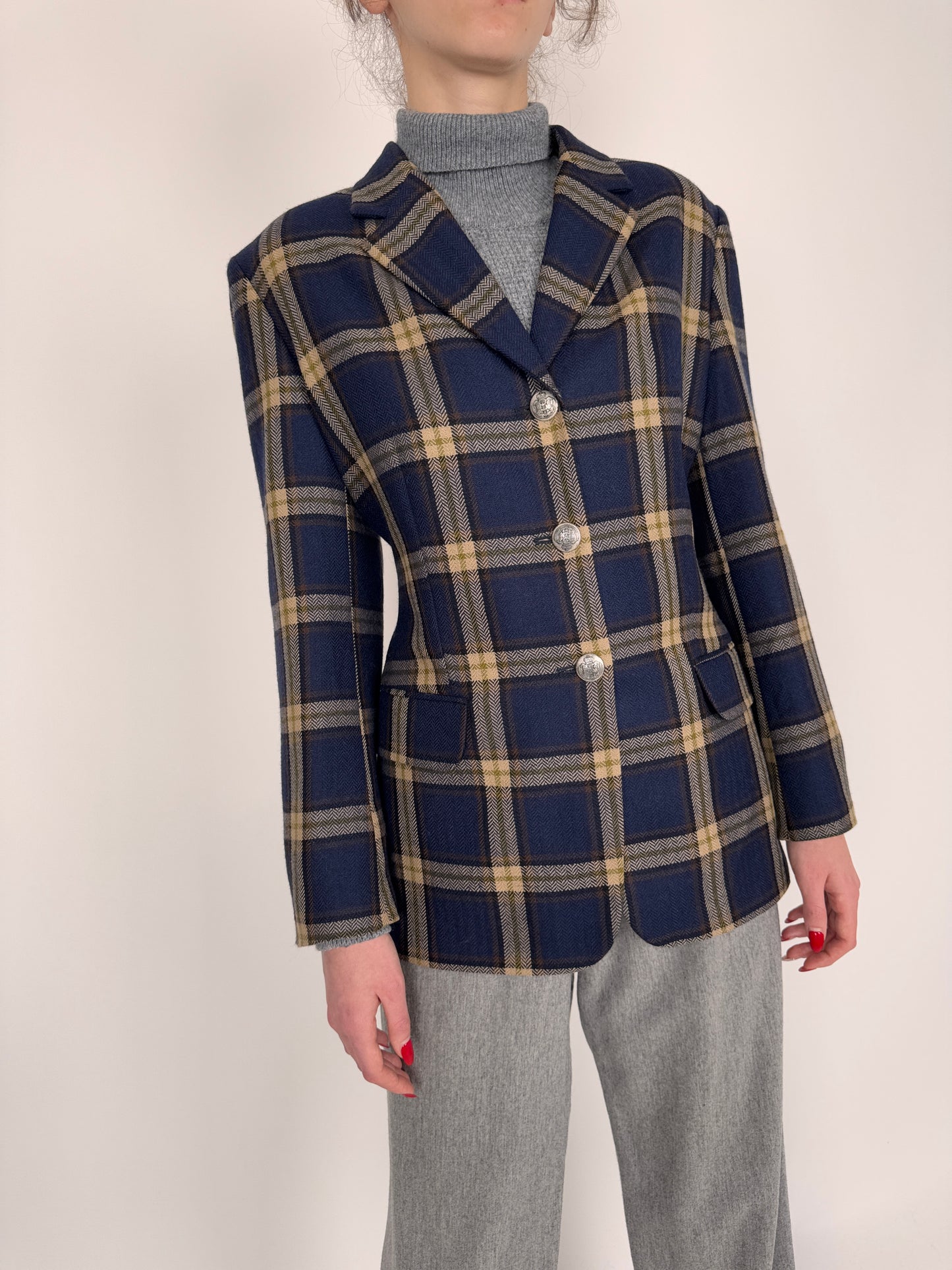 Sacou din Tartan de lana pura certificată în carouri camel pe Navy