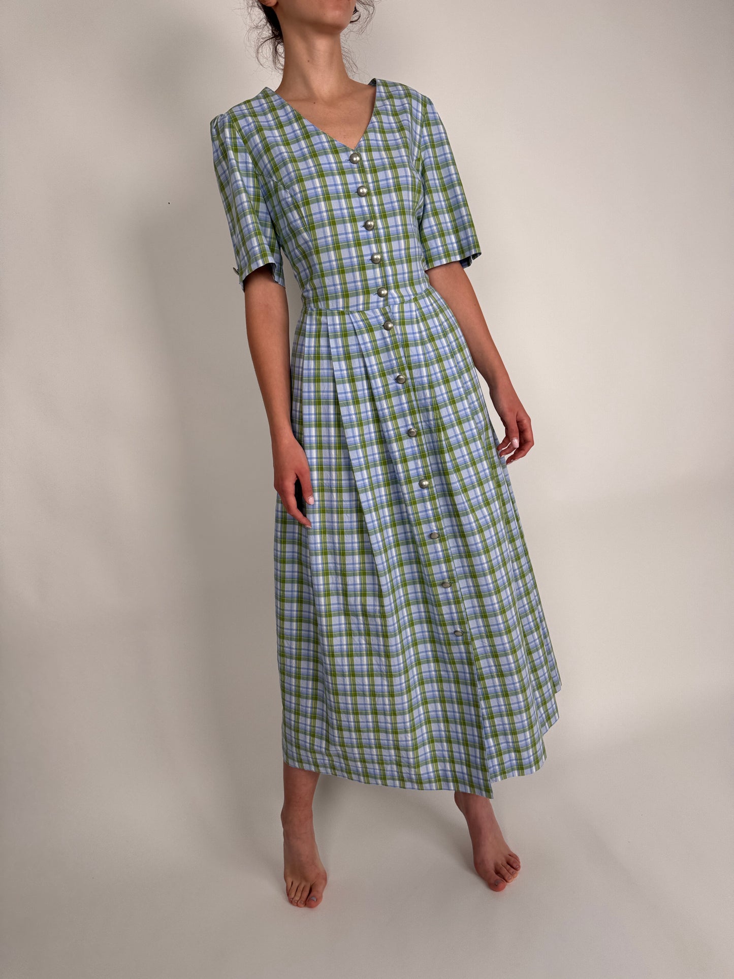 Rochie vintage în carouri din pânză de bumbac cu spate reglabil