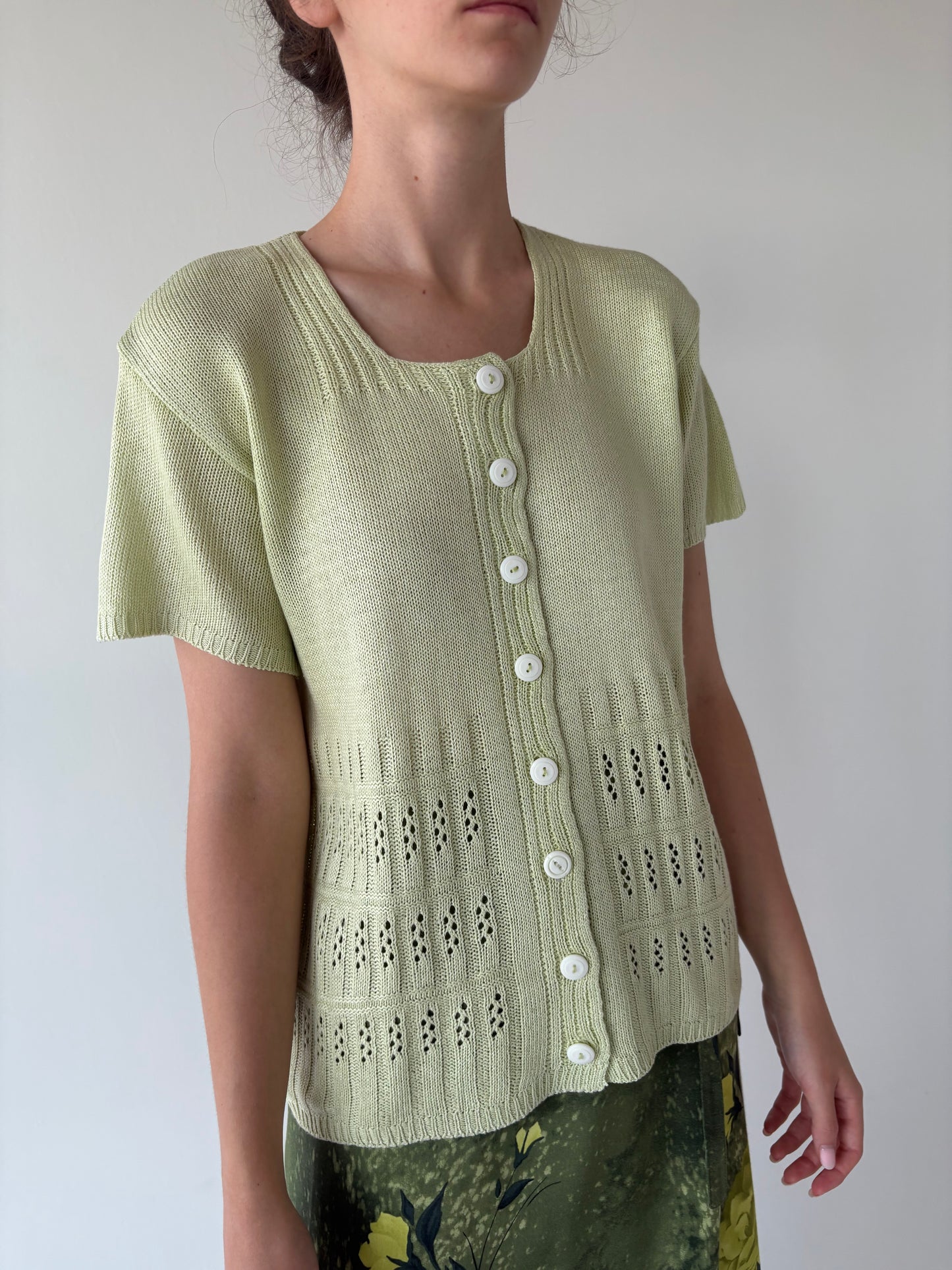 Top vintage premium verde pastel din jerse dantelat de vară