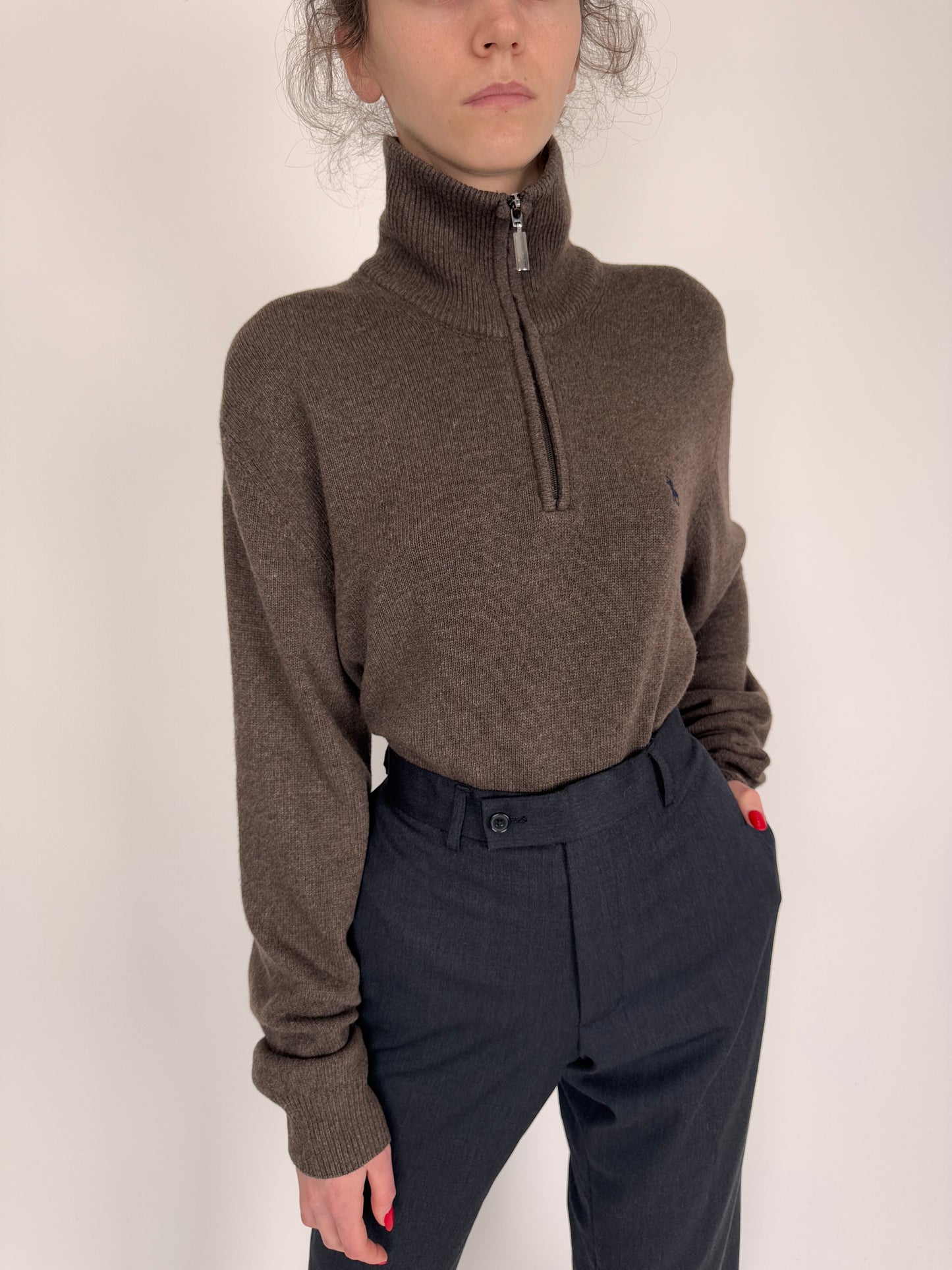 Maleta tall coffee brown cu influențe sport din blend de cașmir