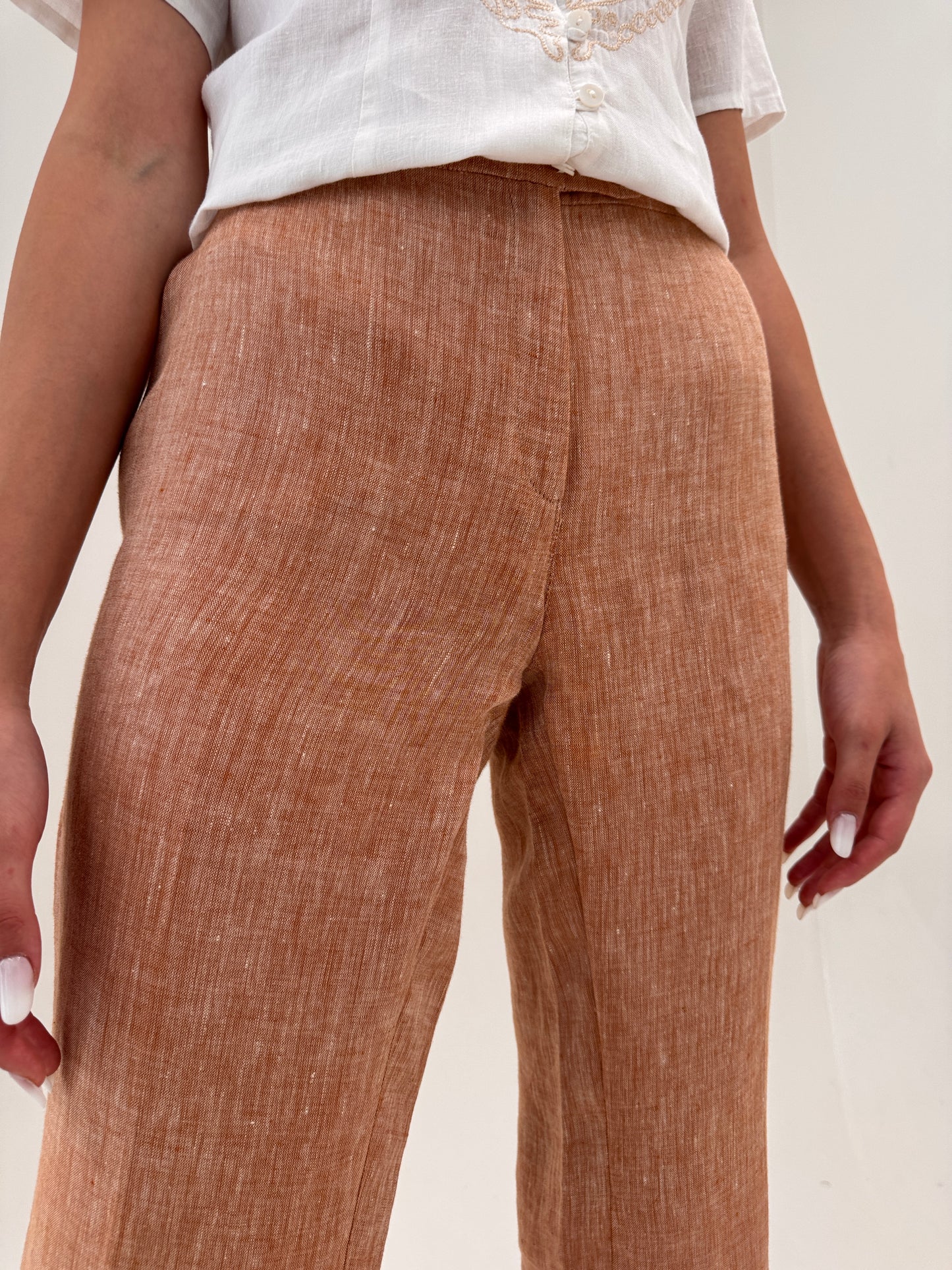 Pantaloni din in spre palazzo melanj chestnut brown și camel
