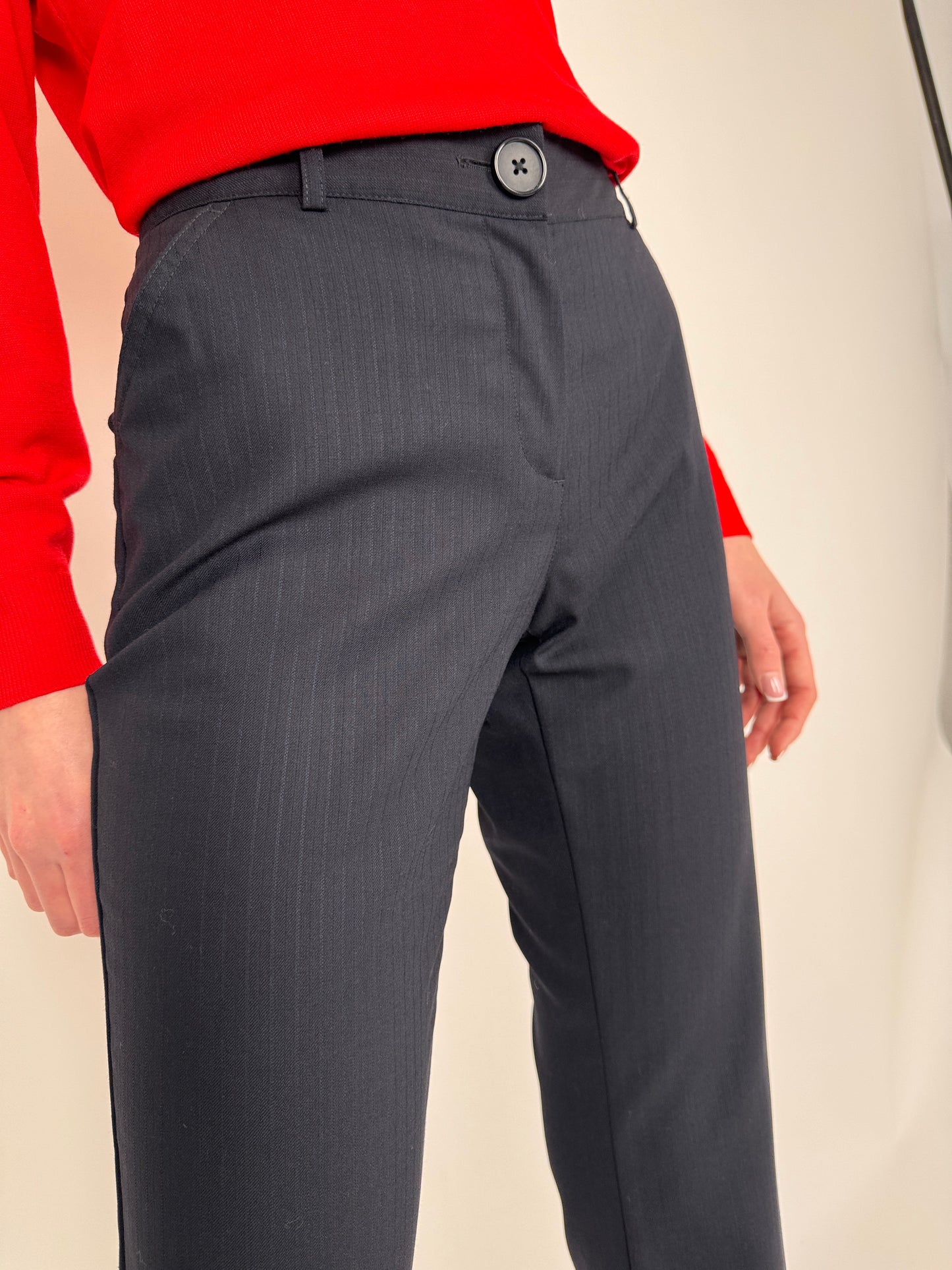 Pantaloni navy blue din stofă de lana extrafina de primăvară