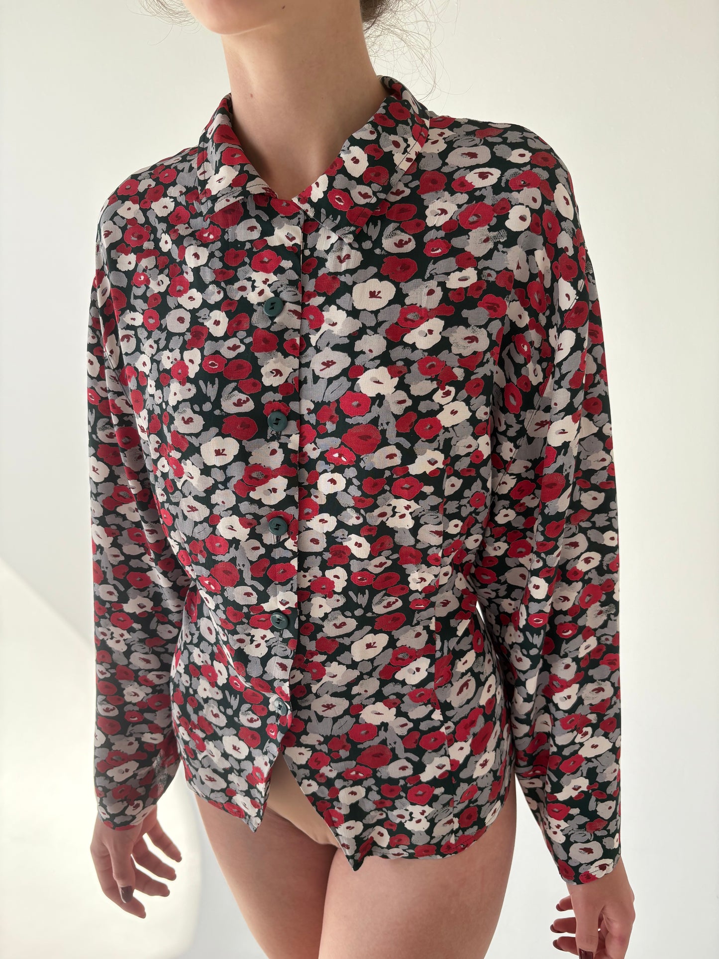 Cămașa vinatge cu print floral pe forest green
