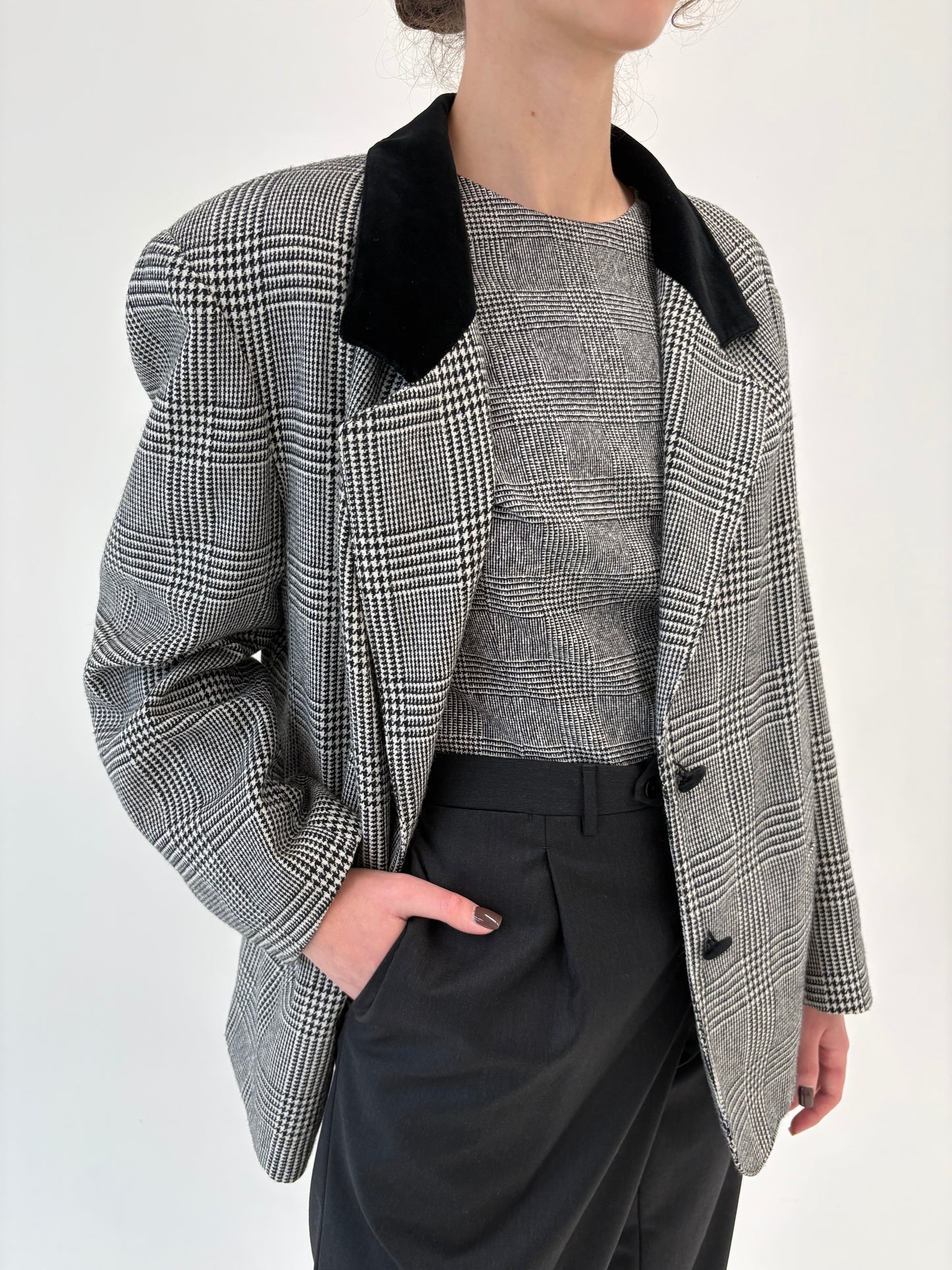 Sacou vintage pied de coq din Tartan de lana în carouri fine