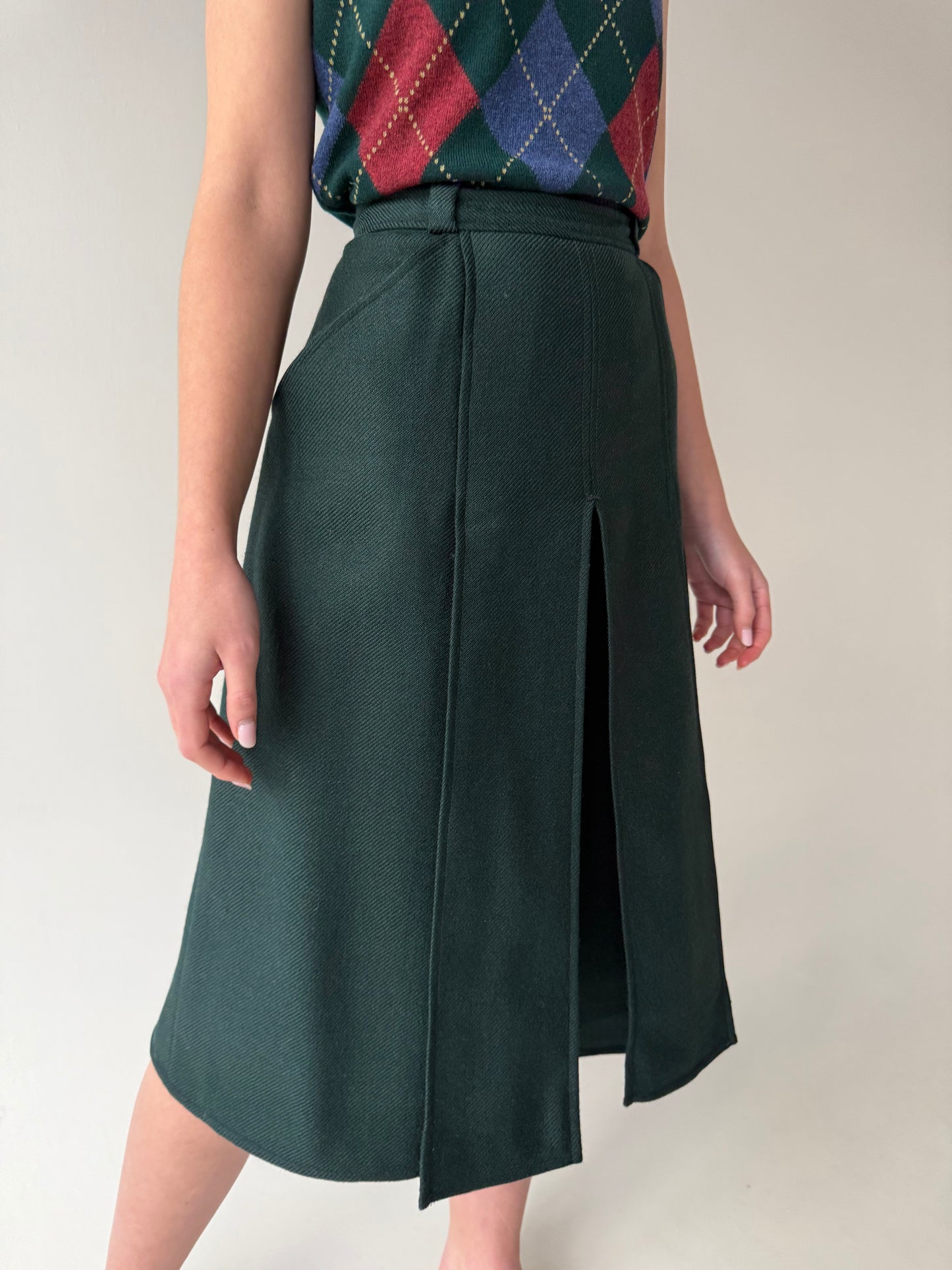 Fustă pantaloni dark green cu talie ultra înaltă din lana groasă extrafina