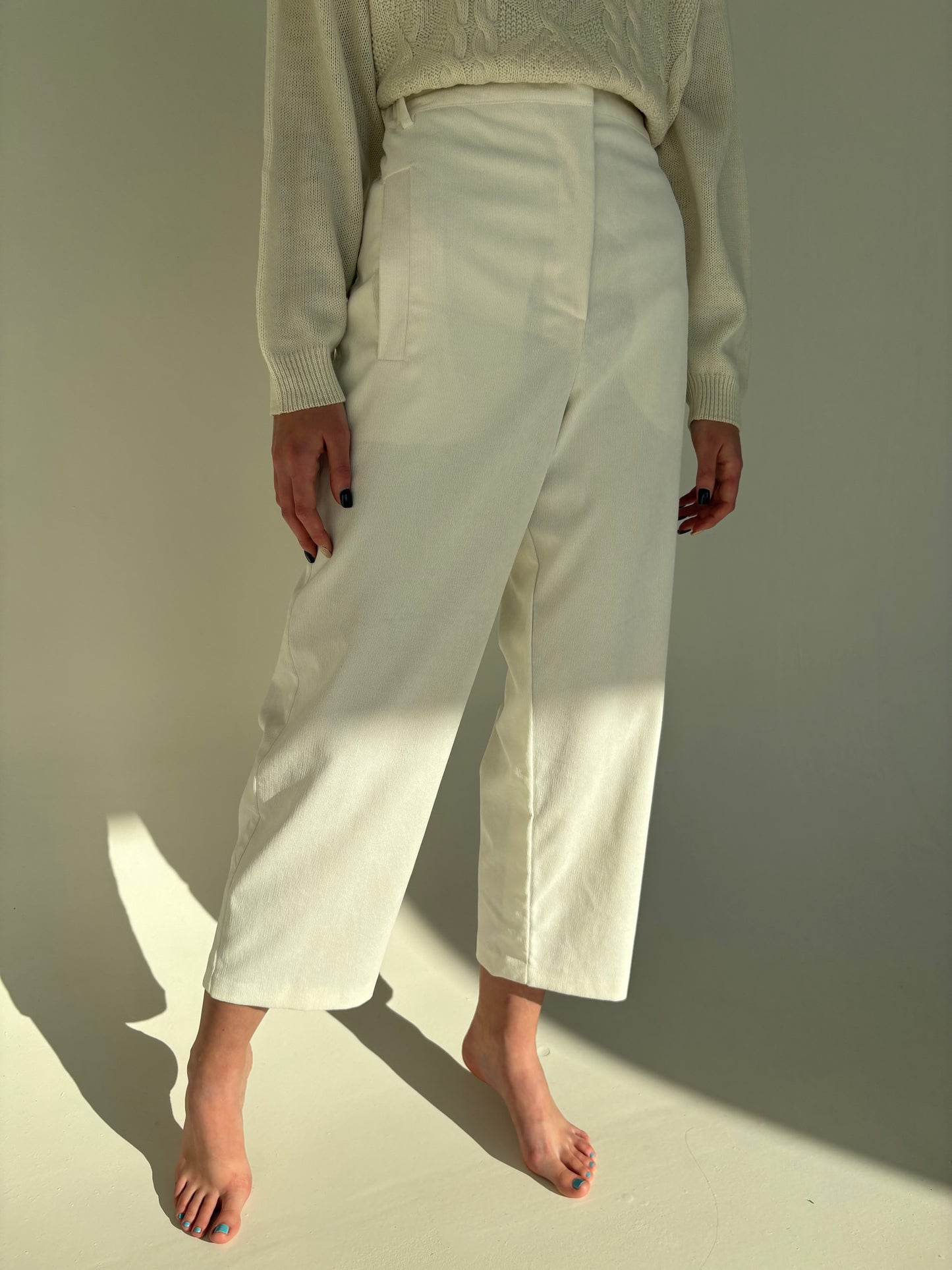 Pantaloni palazzo premium italieni ești butter white din corduroy modelator