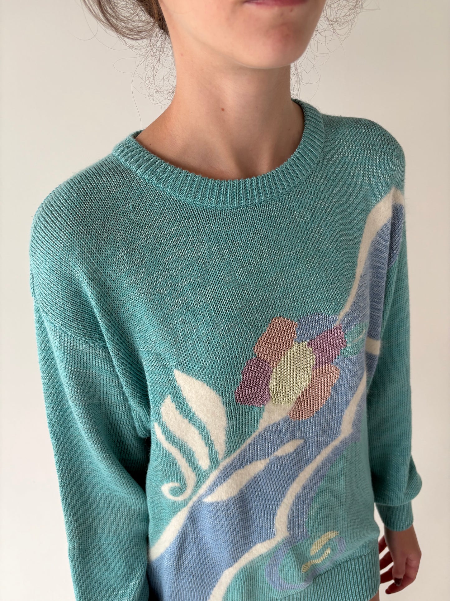 Pulover vintage de gramaj mare cu print floral supradimensionat