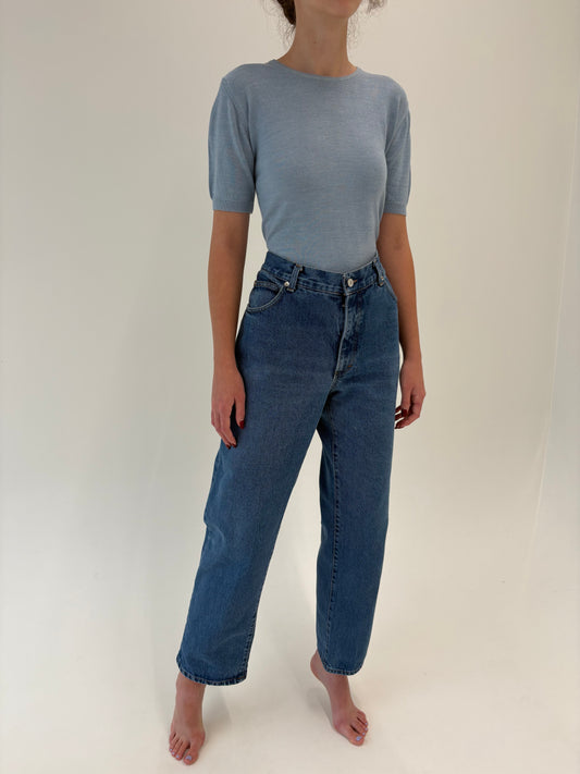 Jeans vintage tall din bumbac gros classic wash cu talie mai generoasă