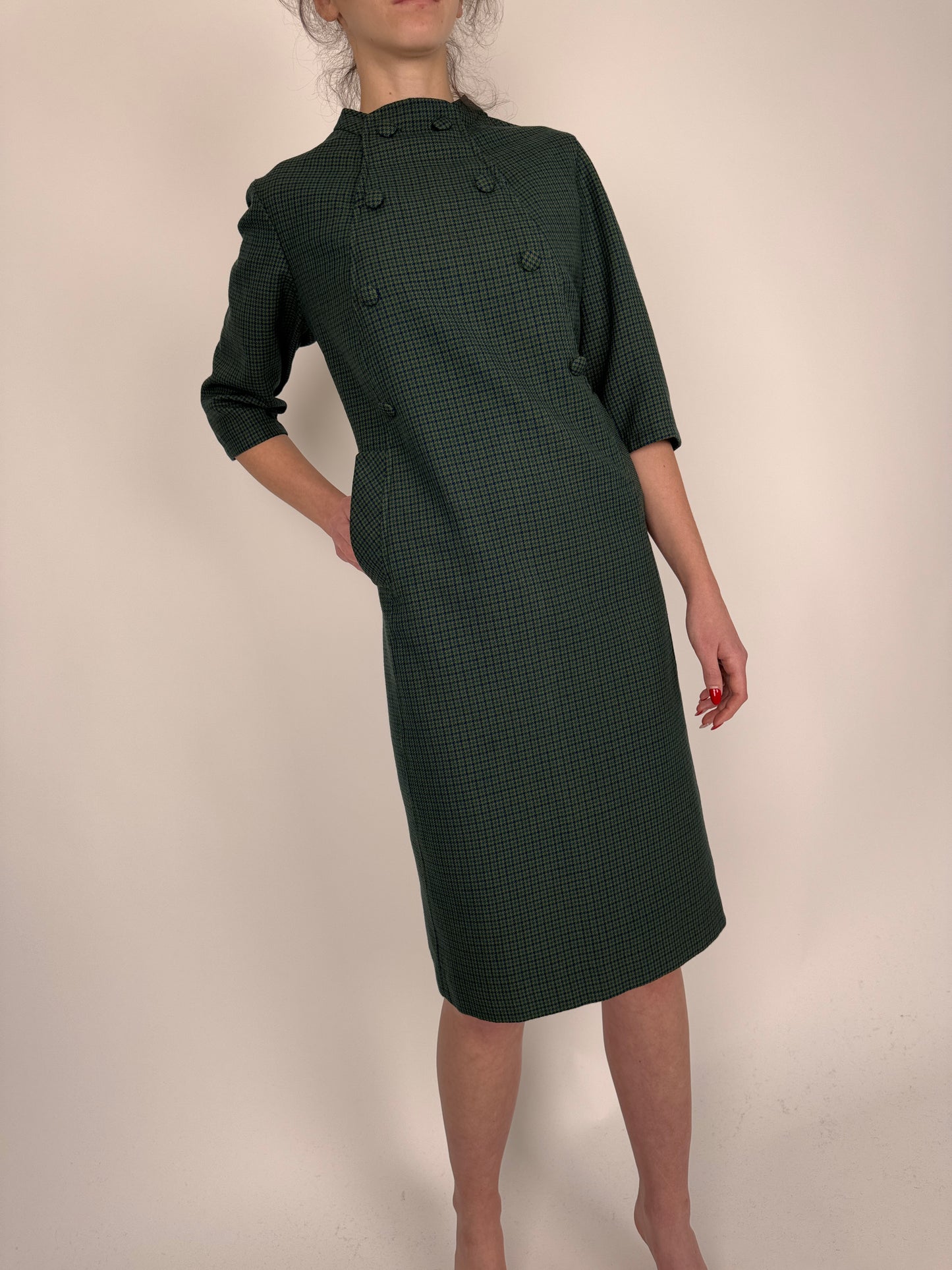 Rochie vintage dark green în carouri din stofă de lana extrafina