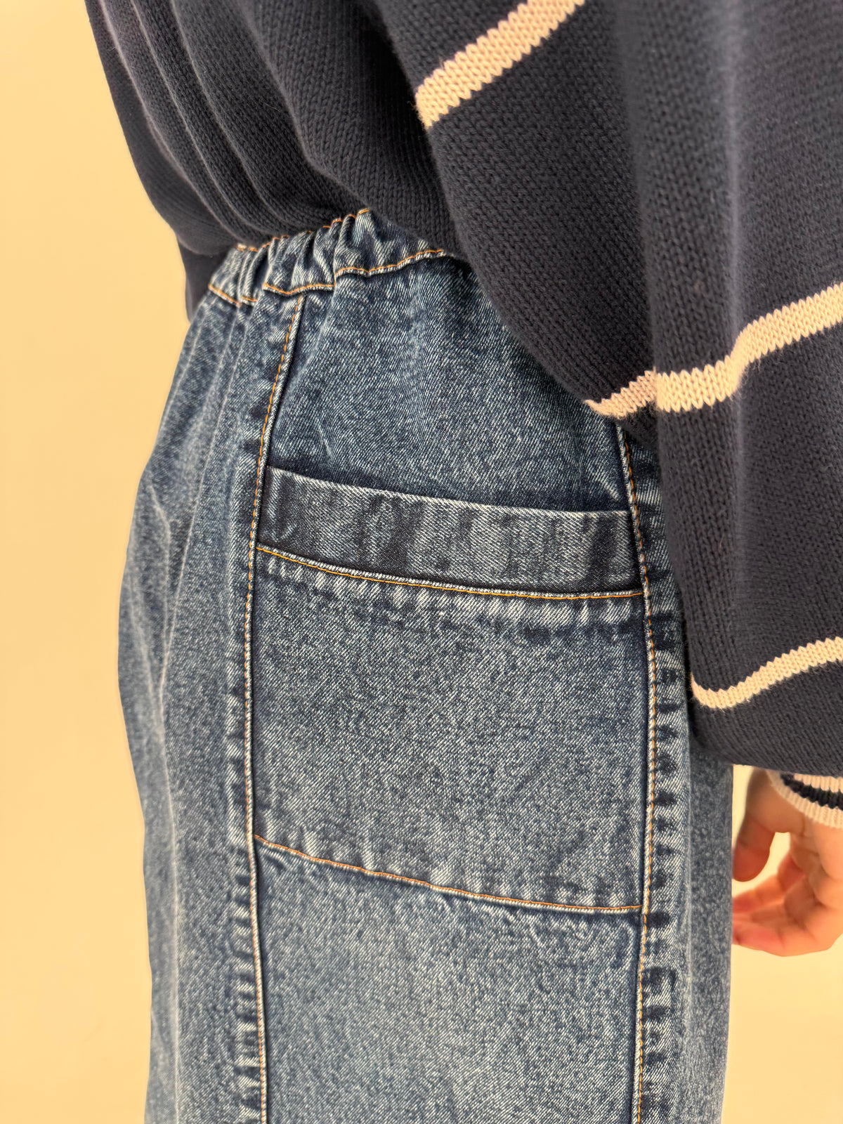 Fustă vintage din jeans gros midi cu buzunare și talie elastică ultra înaltă