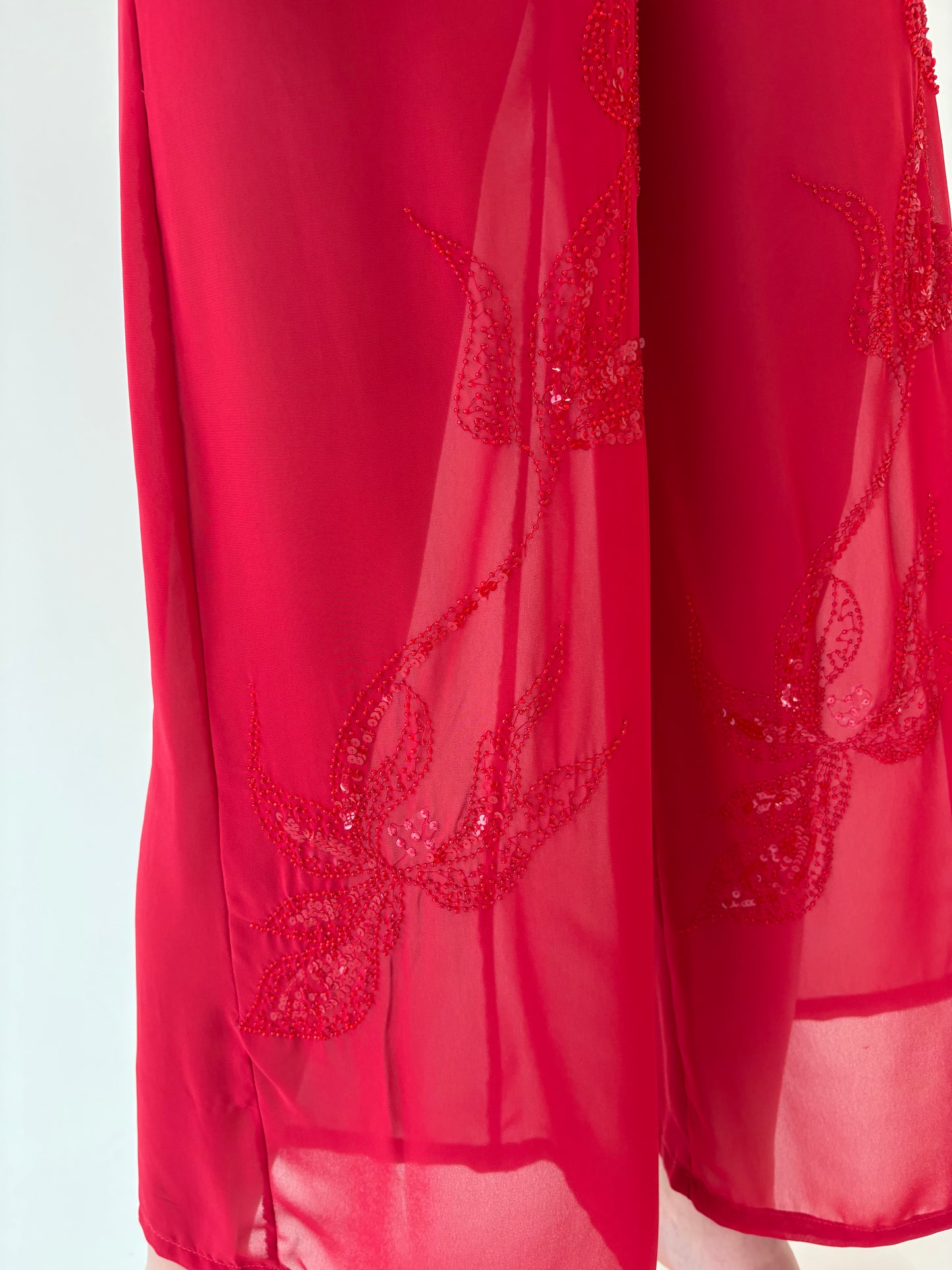 Set vintage cherry red din voal cu aplicații manuale și pantaloni palazzo