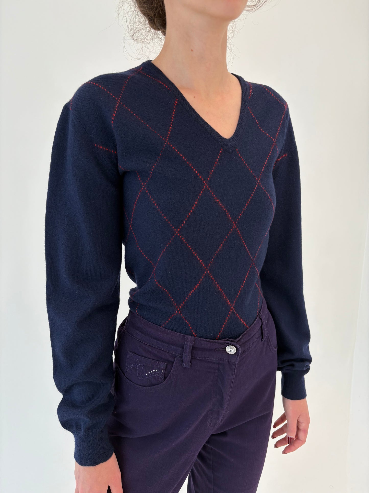Pulover tall italian din lana merino extrafina de gramaj mare cu romburi burgundy