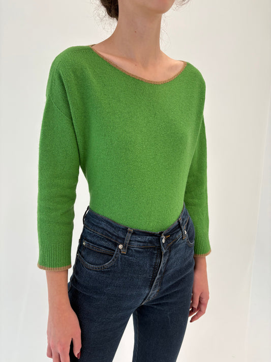 Pulover italian verde tare petite din lana merino extrafina de gramaj mare