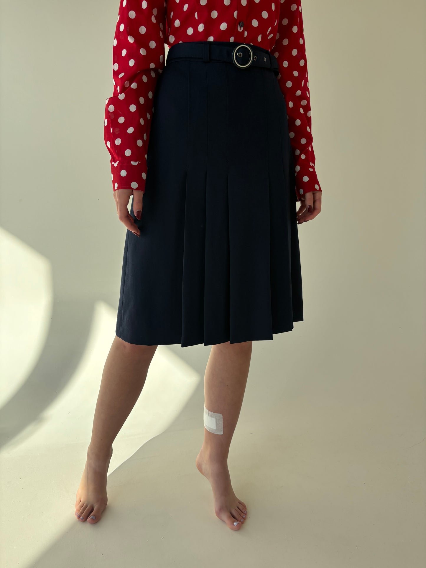 Fustă plisată Navy blue cu centura inclusă din stofă de lana extrafina