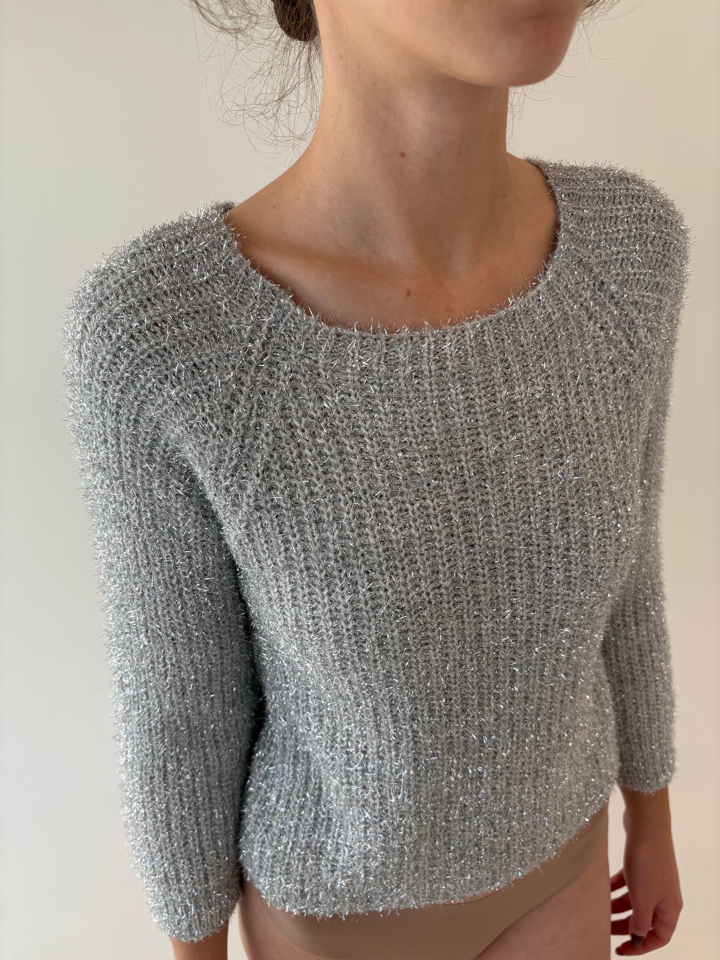 Pulover petite cu inserție extrafina de lurex argintiu