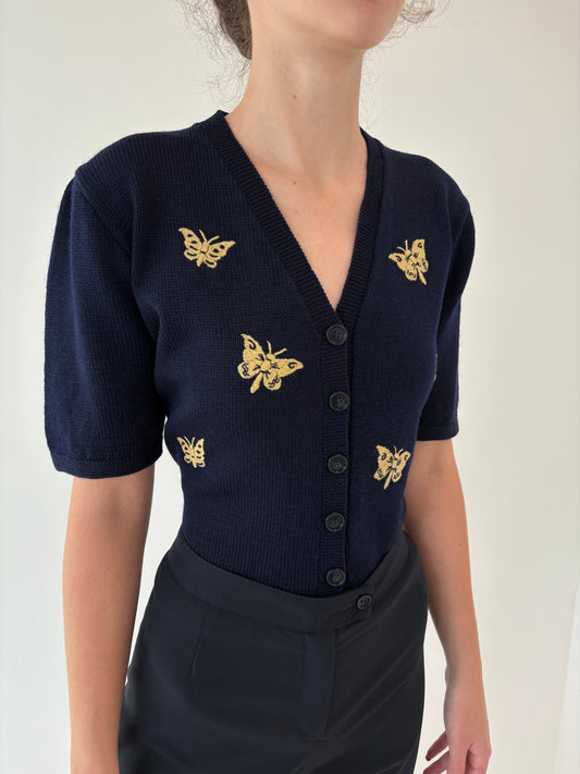 Top vintage excepțional Navy blue din lana merino extrafina de gramaj mare
