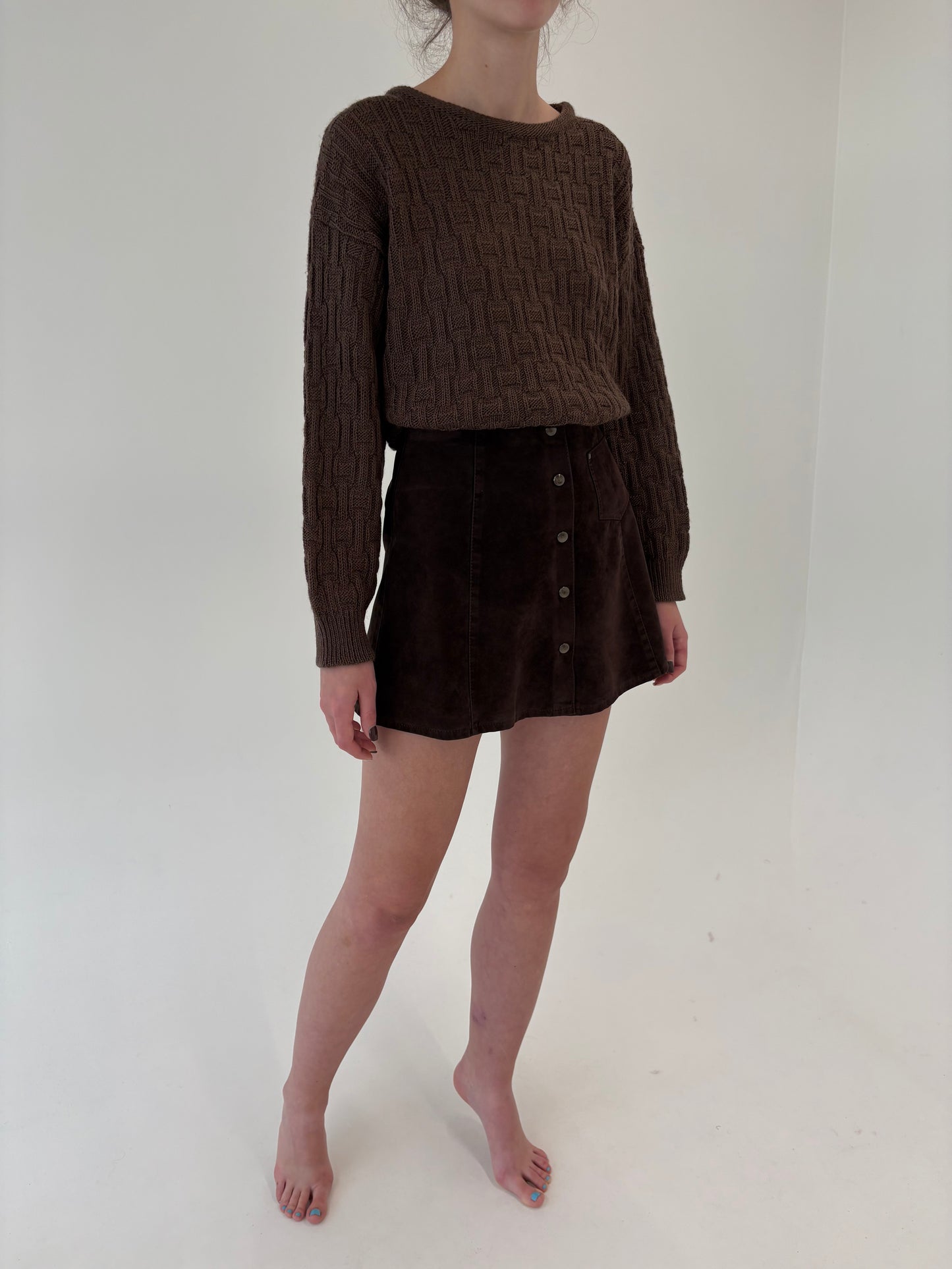 Fustă chocolate brown A-line cu aspect de piele întoarsă