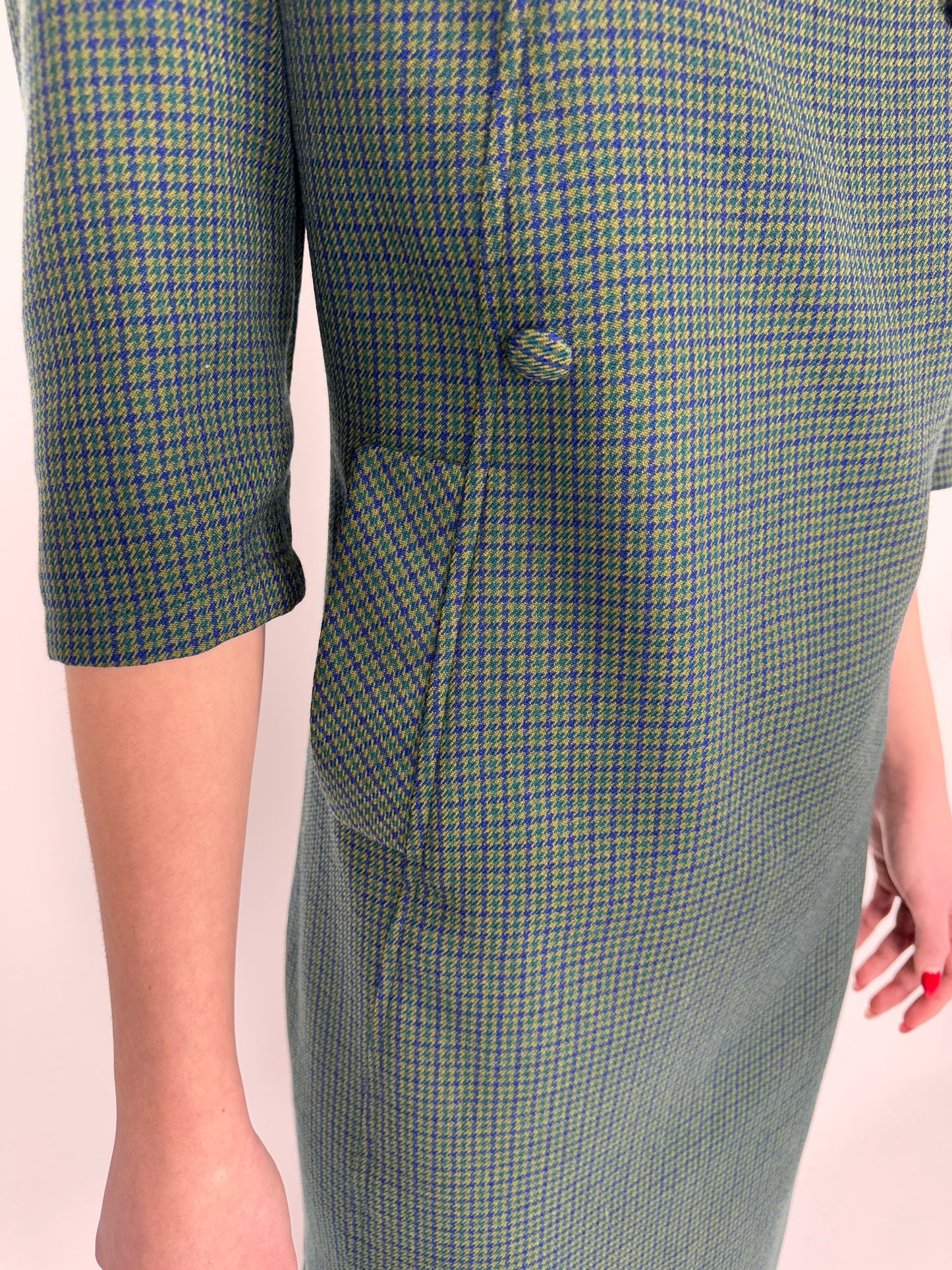 Rochie vintage dark green în carouri din stofă de lana extrafina