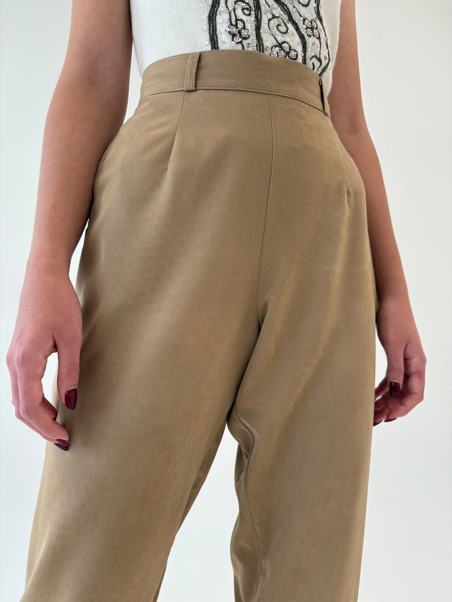 Pantaloni camel petite țigaretă cu talie ultra înaltă cu ușor aspect de piele întoarsă