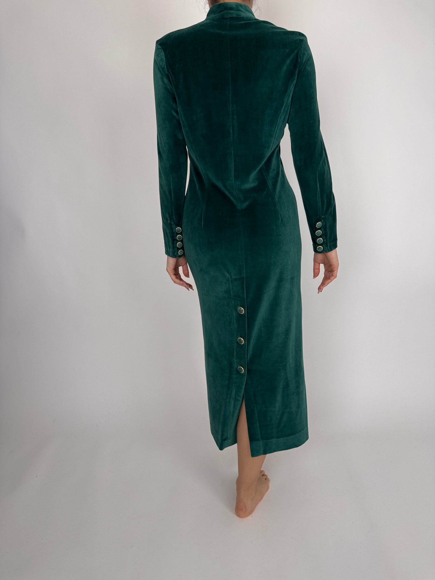Rochie vintage din catifea strech de bumbac verde smarald