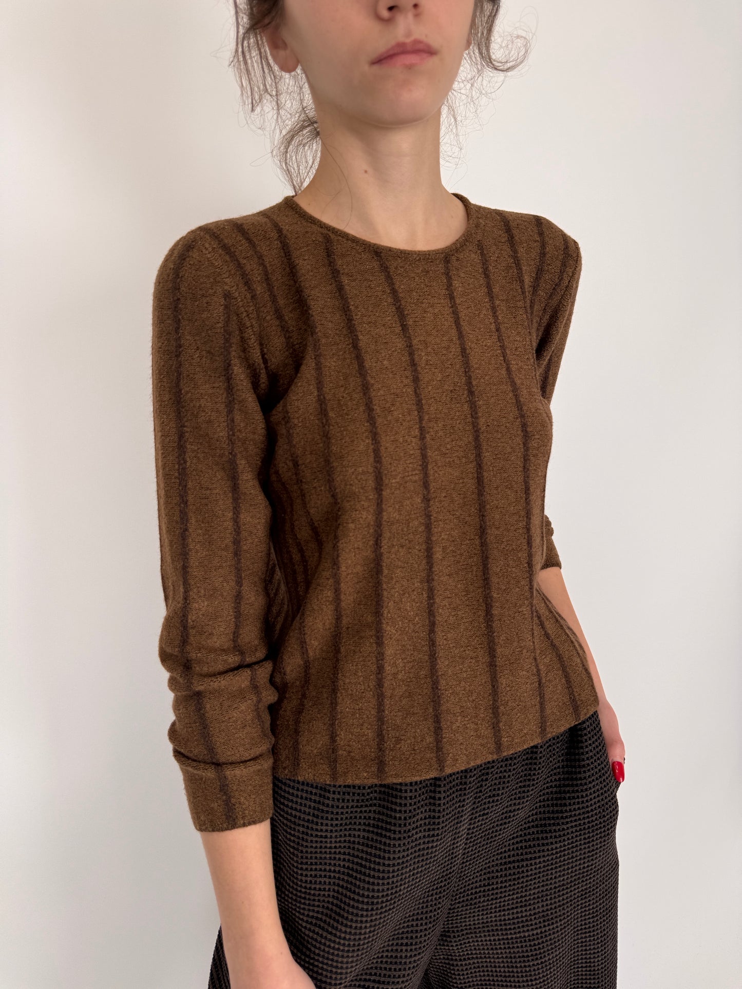 Pulover caramel italian cu dungi din mix de lana merino extrafina