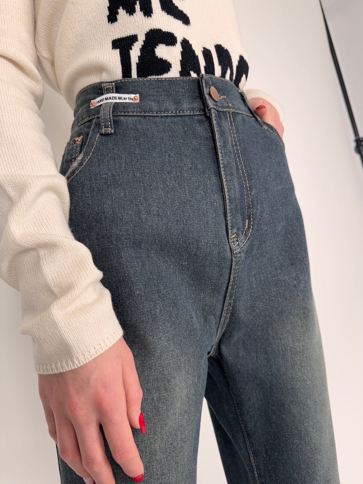 Jeanși Luxury hand made whide leg cu talie ultra înaltă elastică