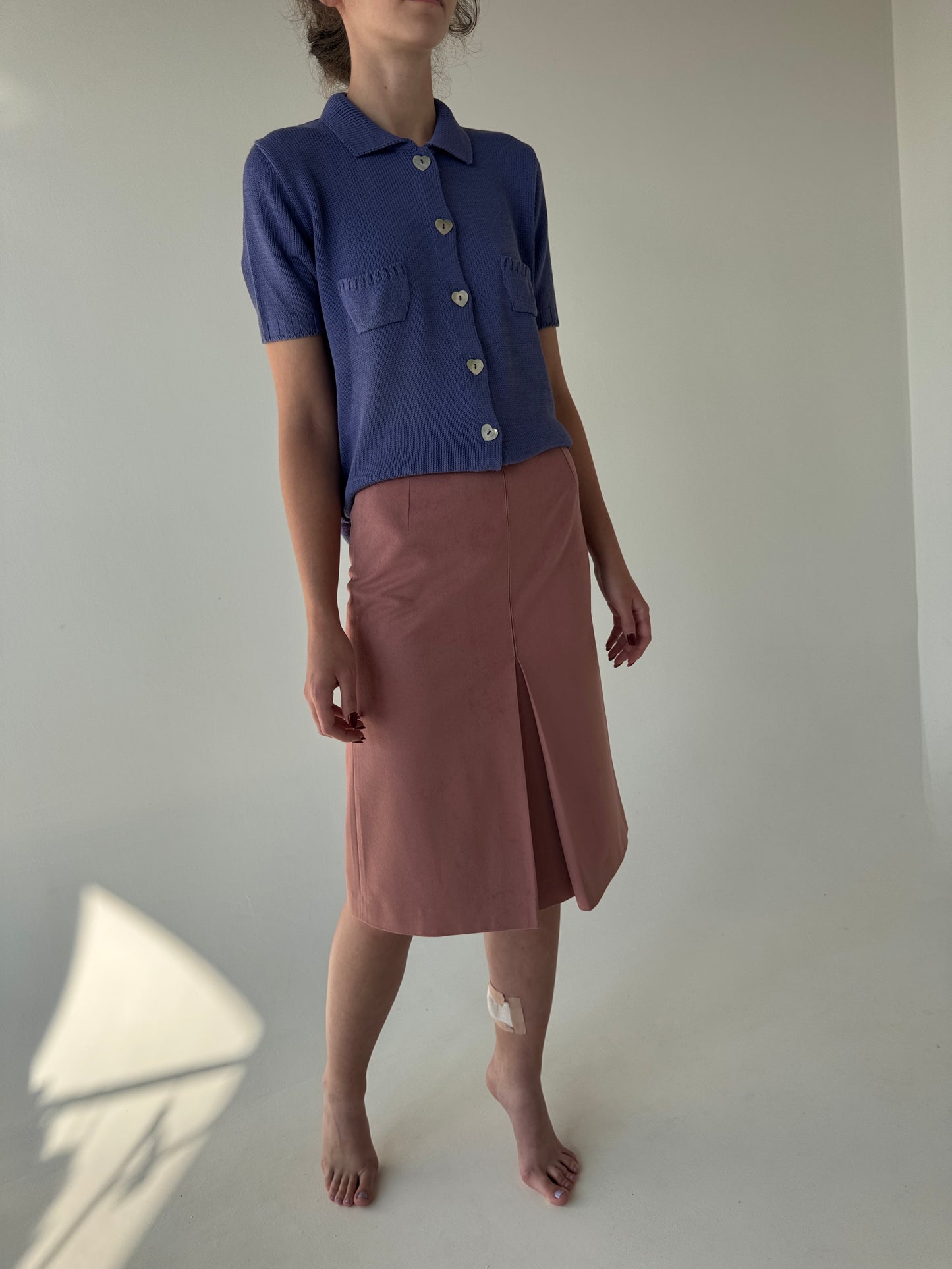 Fustă vintage old rose pink cu aspect de piele întoarsă