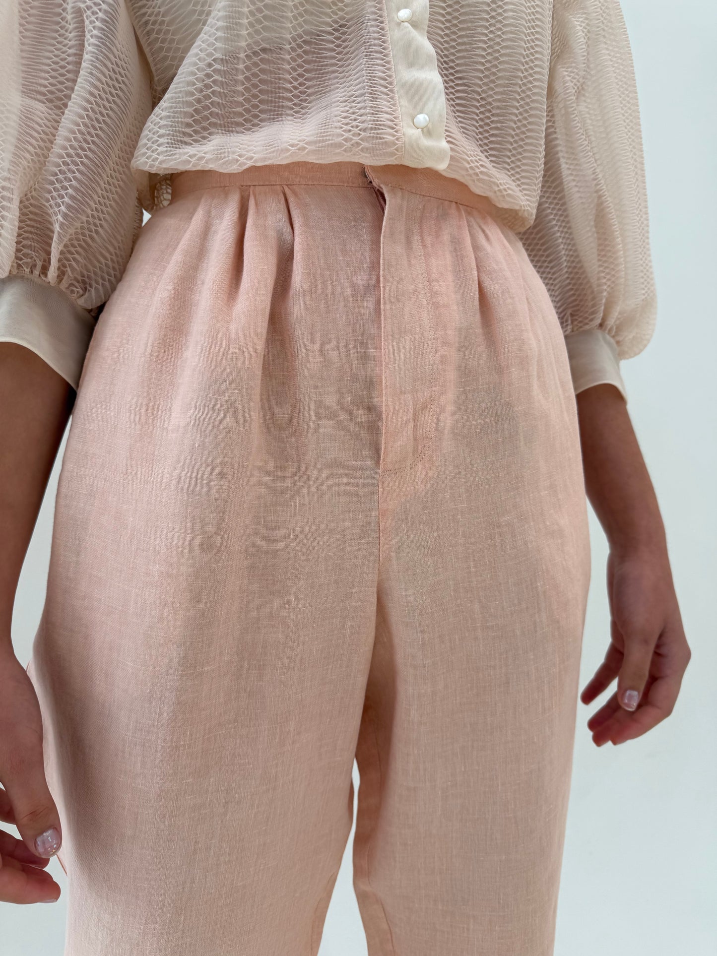 Pantaloni vintage tall powder Pink cu talie extrem de înaltă și pense