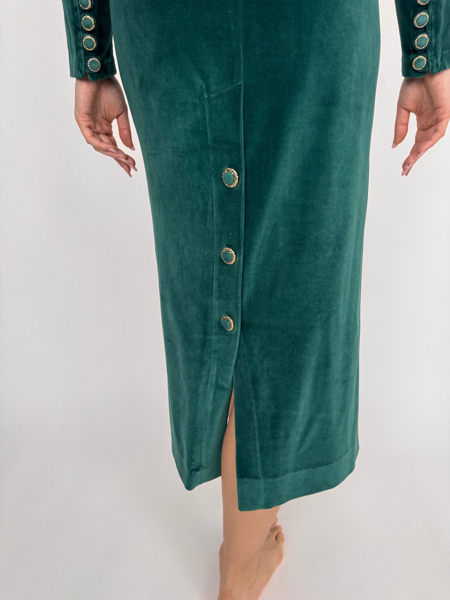 Rochie vintage din catifea strech de bumbac verde smarald