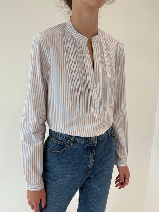 Cămașa din poplin premium de bumbac cu dungi fine baby blue și cafe au lait