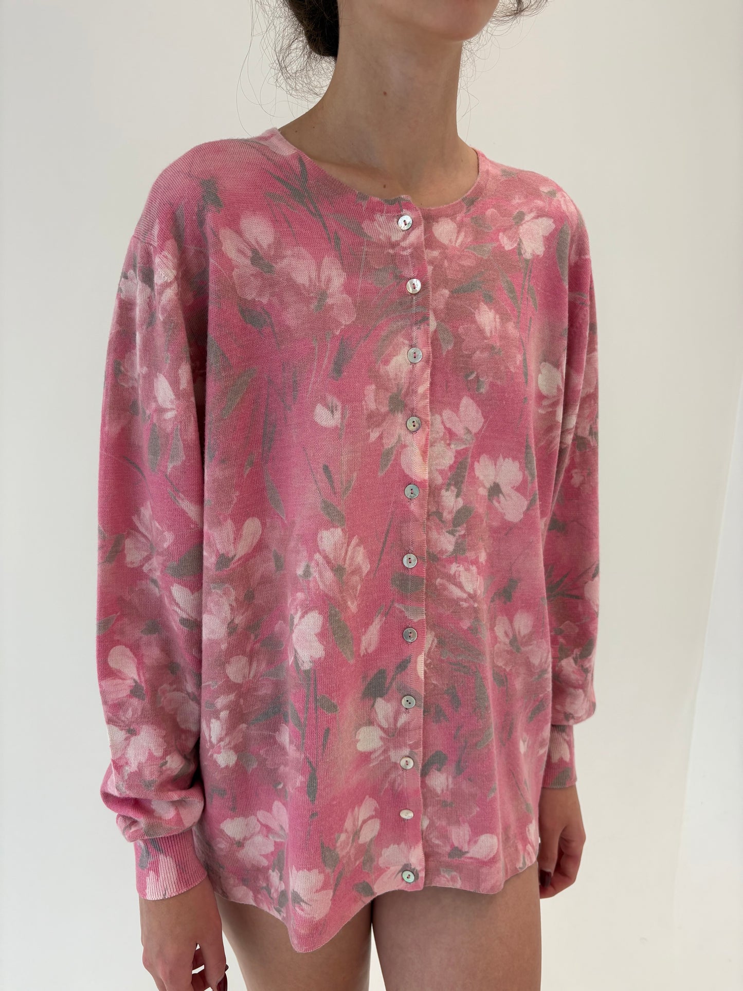 Cardigan vintage 80% lana merino extrafina in print floral superb