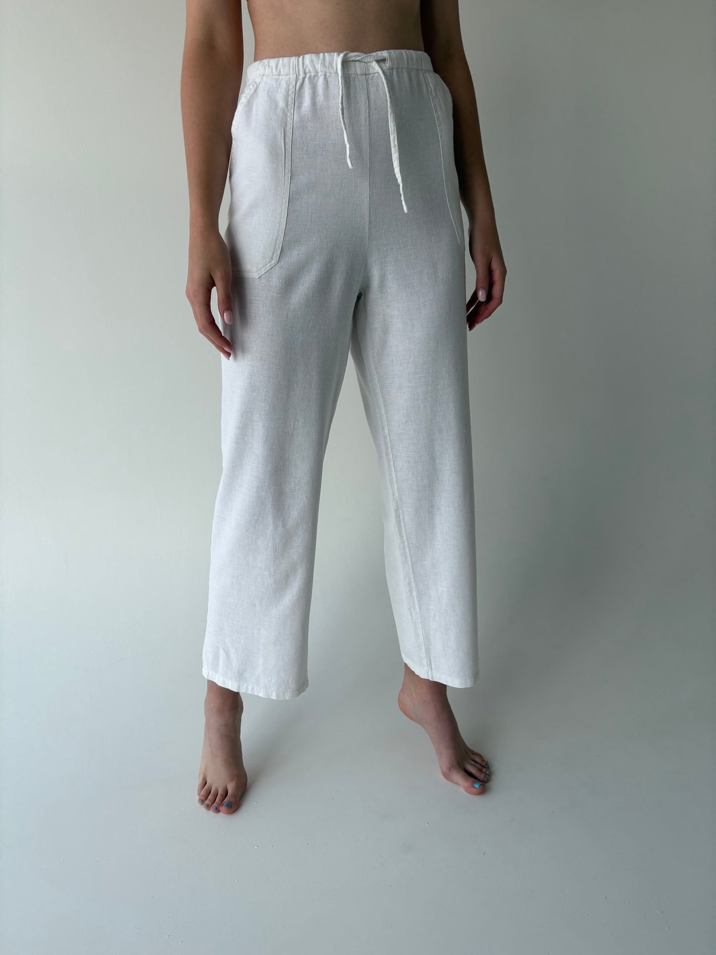 Pantaloni din in premium cu talie generoasă înaltă reglabilă
