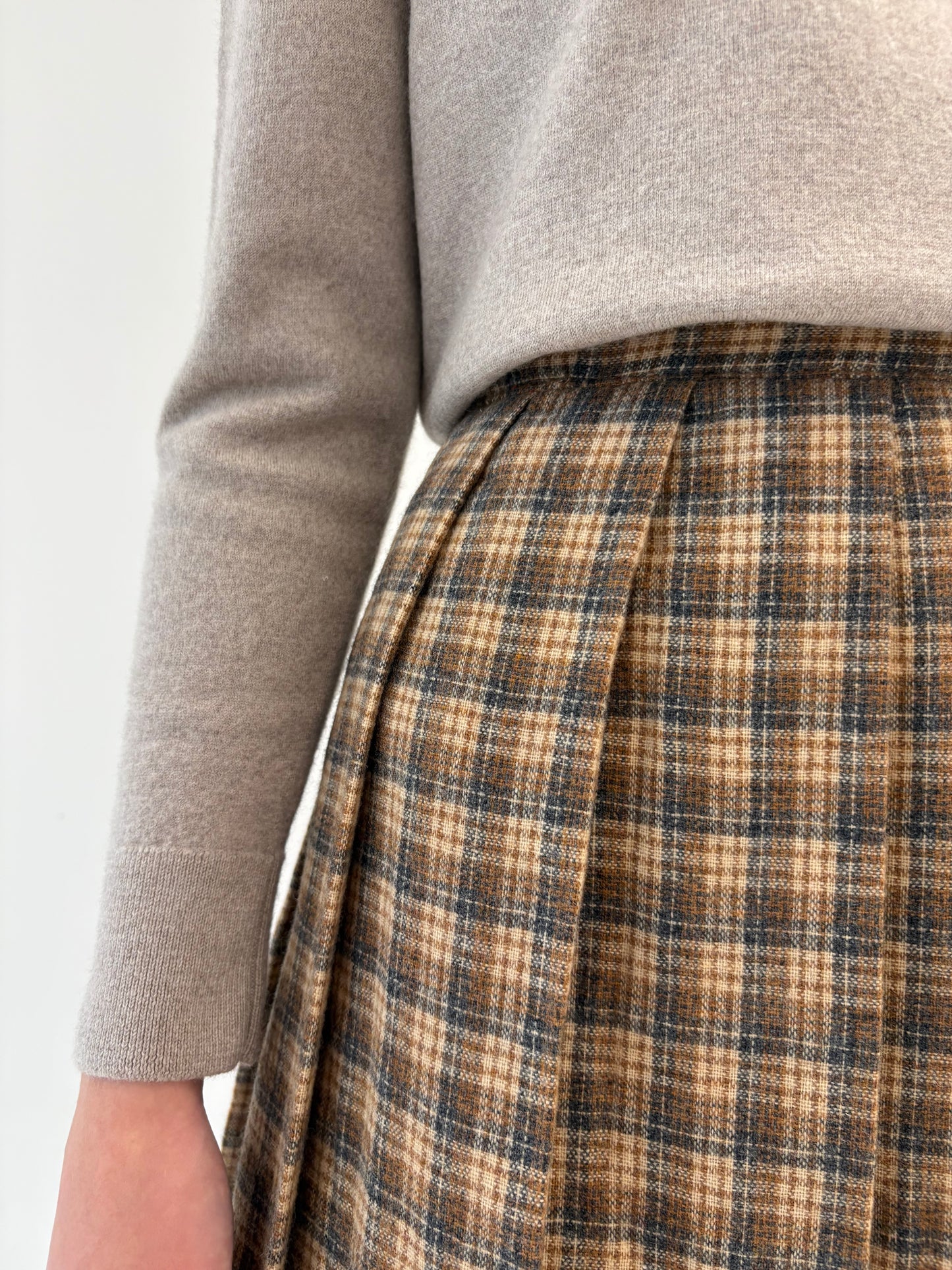 Fustă camel plisată din Tartan de lana cu talie ultra înaltă marcată