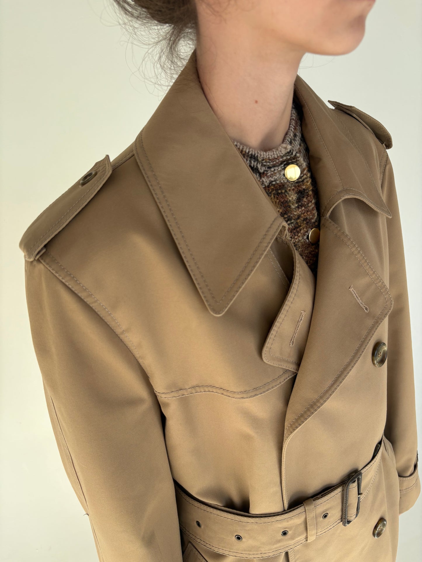 Trench vintage camel din garbardina groasă cu lana impermeabilă tall