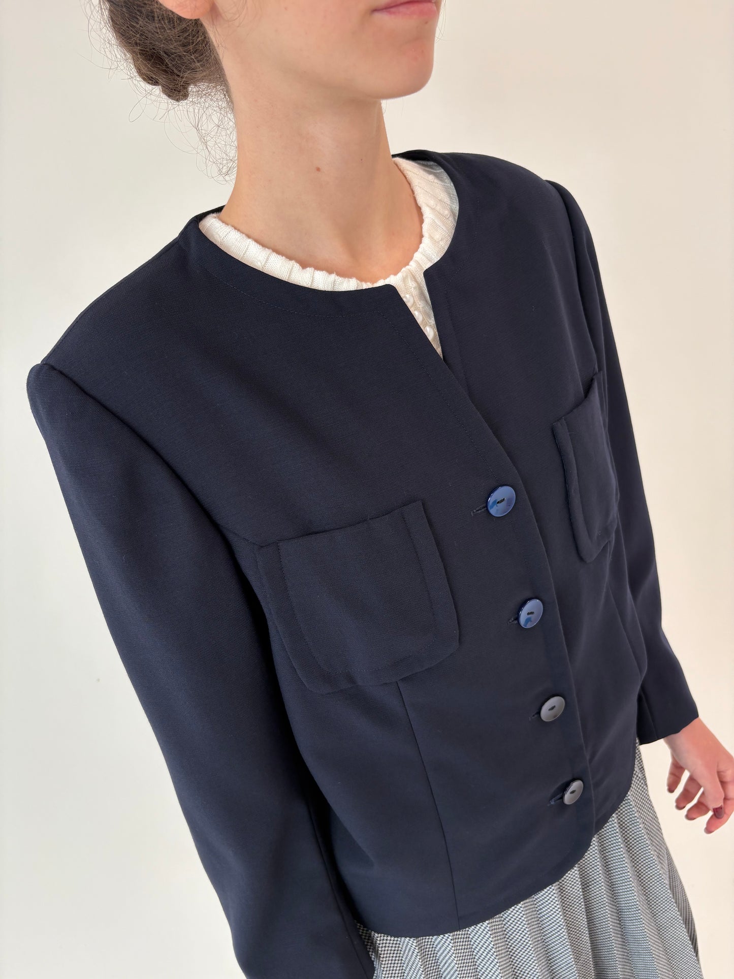 Sacou vintage petite Navy în stil Chanel din lana extrafina
