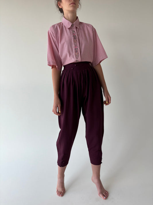 Pantaloni aubergine vintage vaoroosi cu talie ultra înaltă marcata și pense