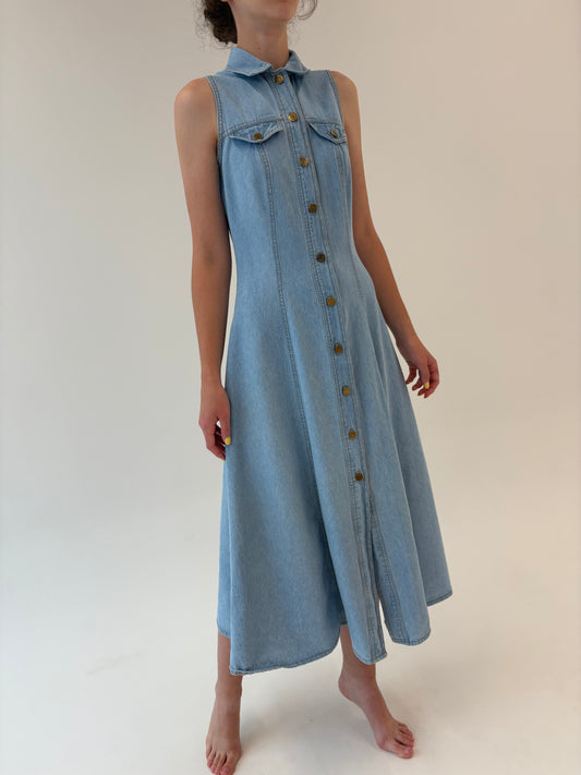 Rochie vintage maxi din jeans moale in croi cambrat light wash