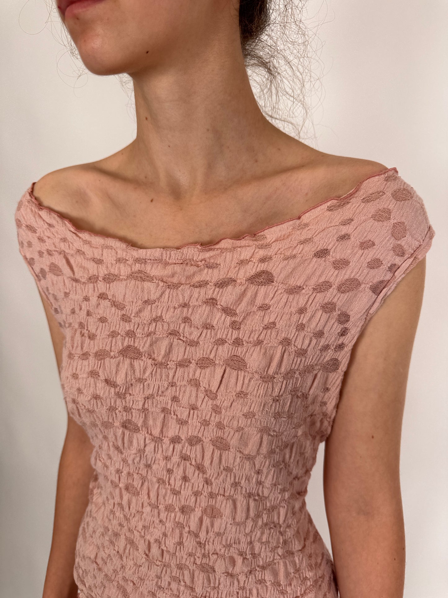 Top vintage powder pink Y2K cu textură smocked