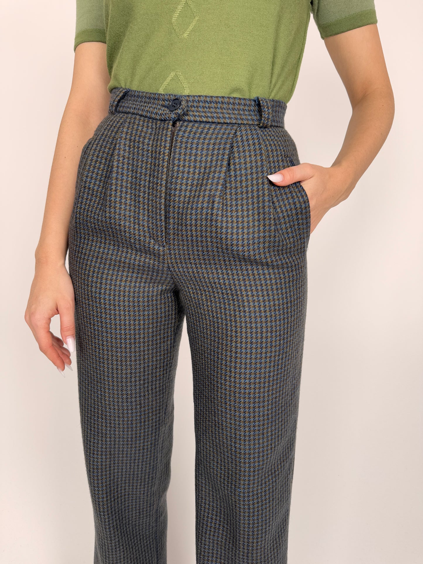 Pantaloni cu talie ultra înaltă din stofă plină de lana extrafina pied du coq