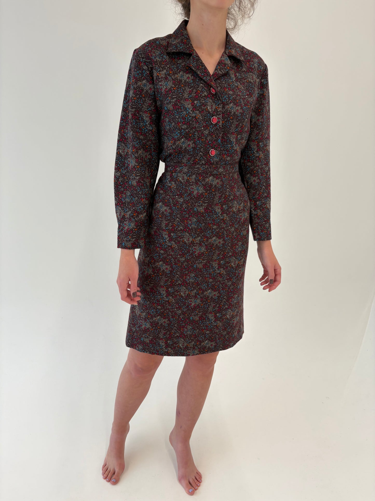 Deux piece vintage din lana extrafina cu print delicat în culori superbe