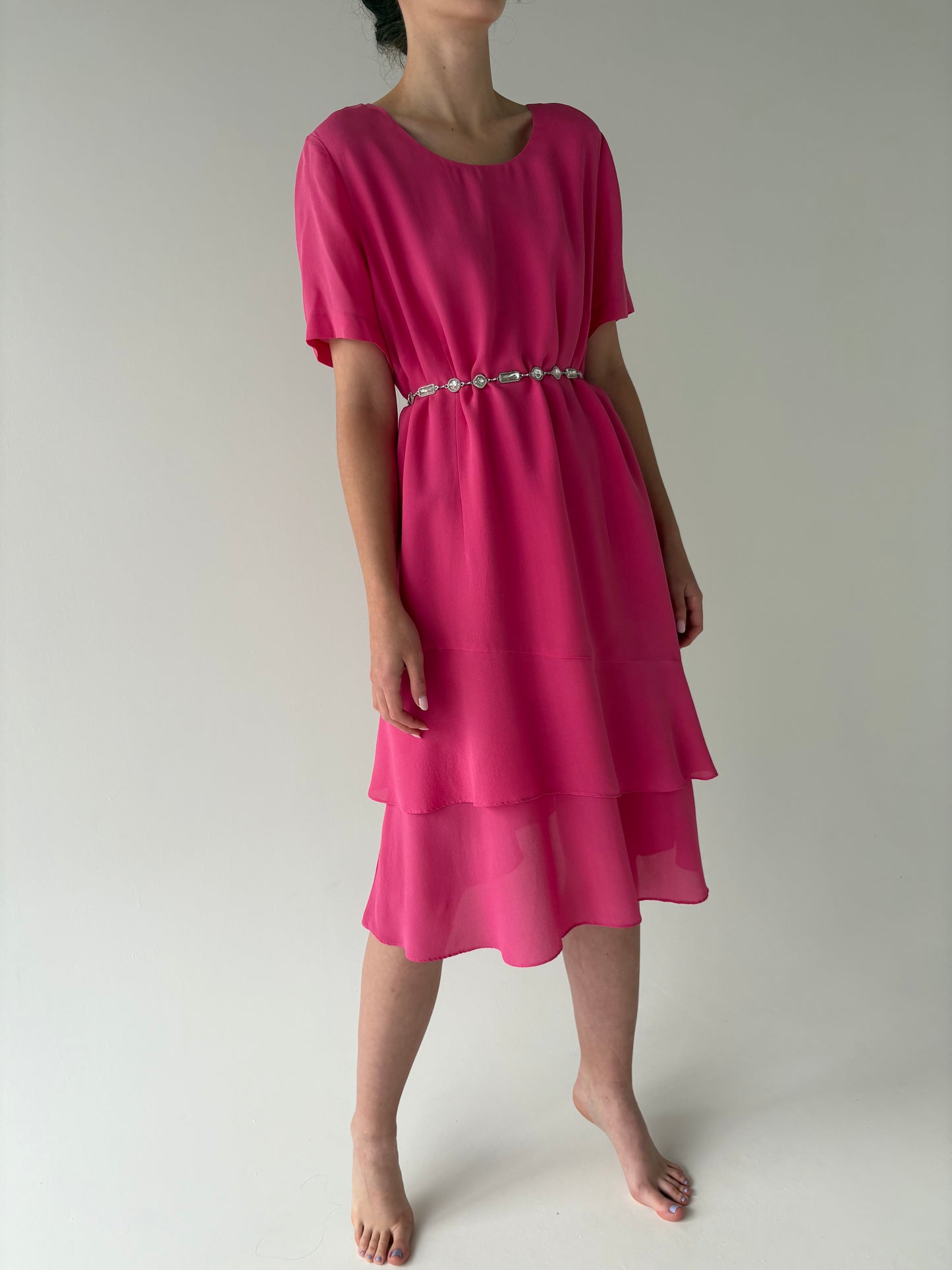Rochie luxury fucsia Elegance din mătase naturală mată cu volane